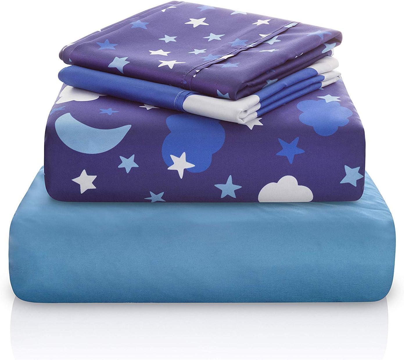 Unisex Twin Bed Sheets | 4 Pc Gender Neutral Kids Bedding Set | Starry Night Sky Print | 1 Flat & 1 Fitted Sheet, 2 Pillow Cases | Durable Super-Soft, Double-Brushed Microfiber | 15” Deep