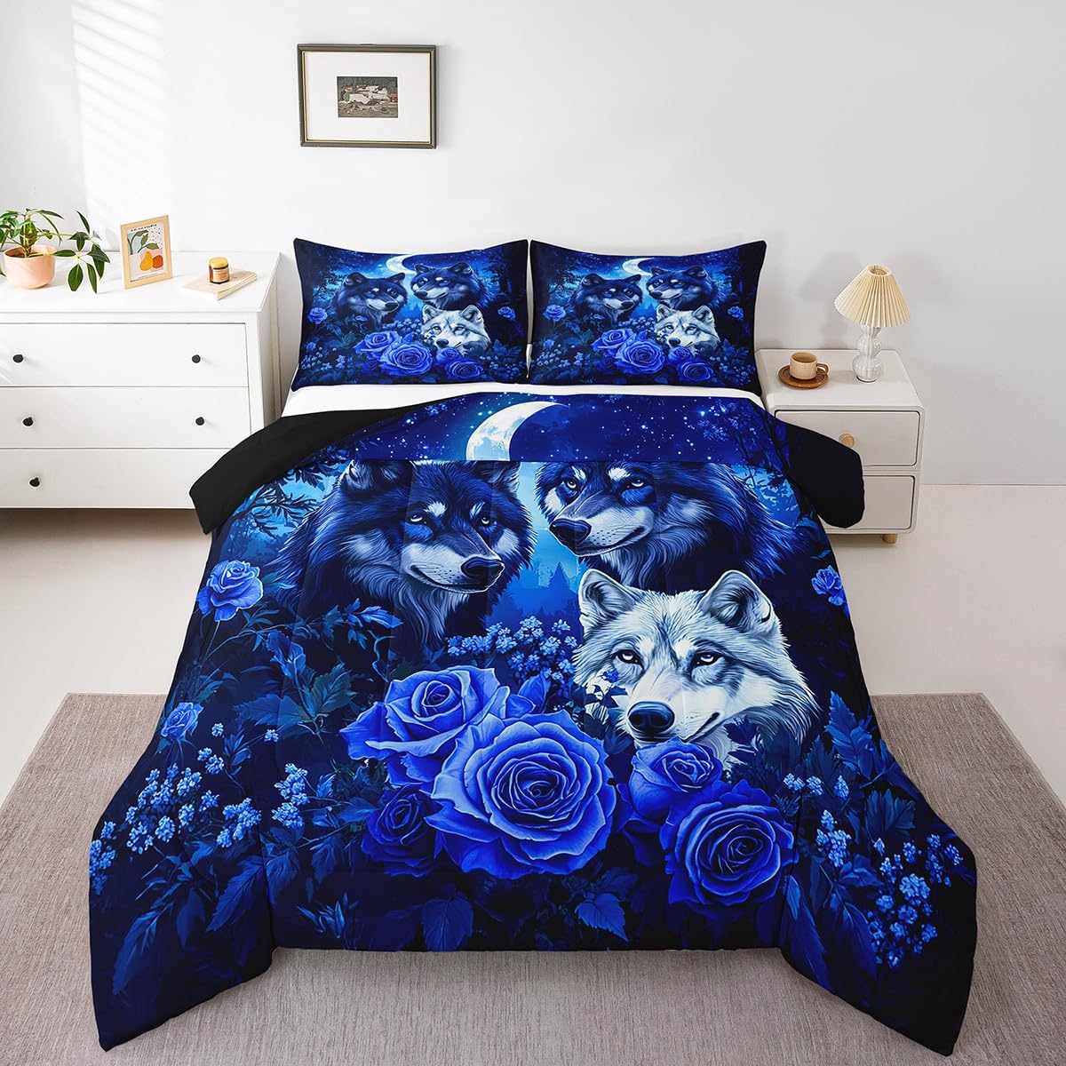 Erosebridal Blue Rose Wolf Comforter,Wildlife and Romantic Roses Bedding Set for Women Men,Wild Animals and Moon Comforter Cover Night Sky Animal and