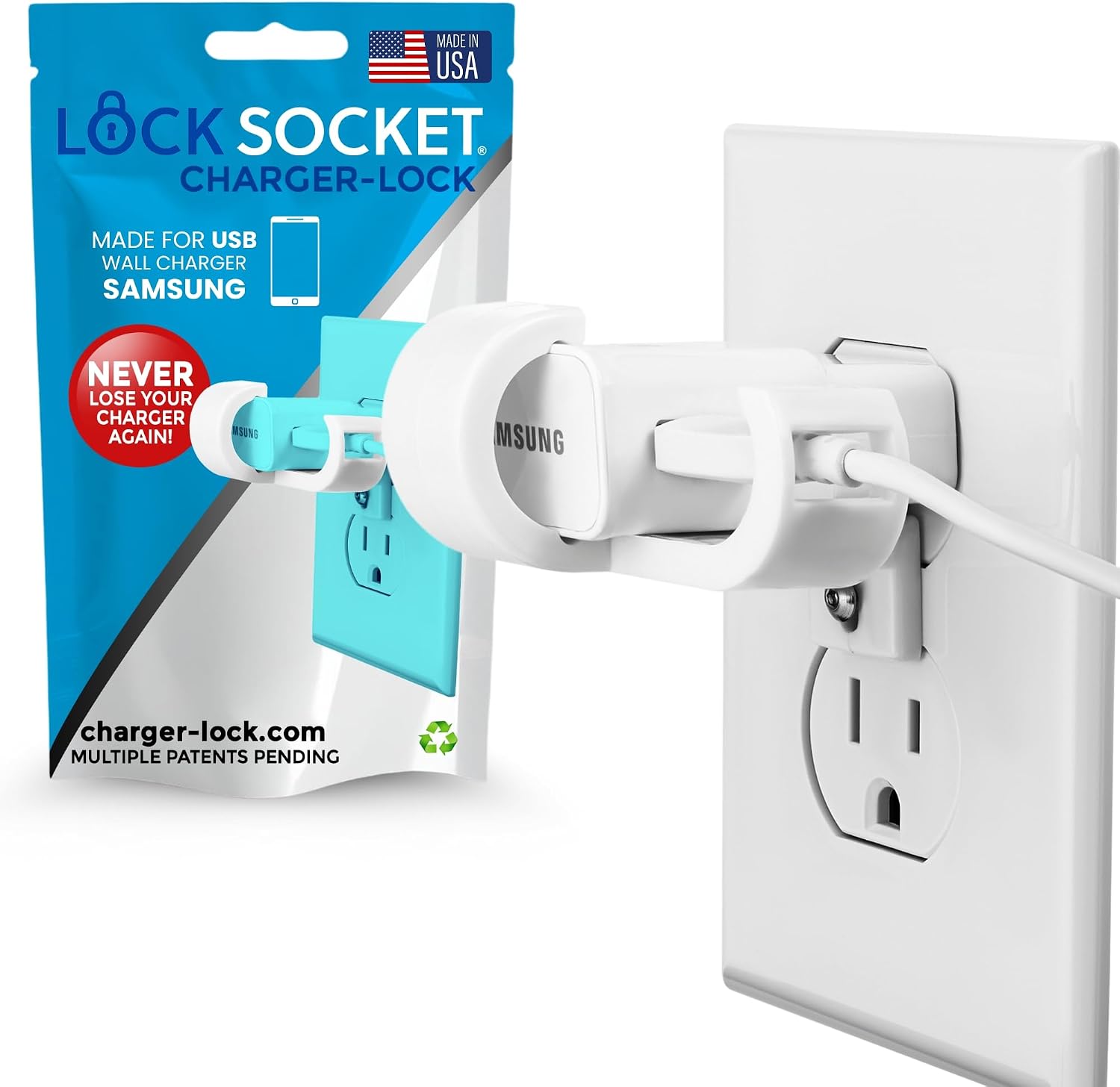 LOCK SOCKET Charger Lock for Samsung/Android Chargers. Anti Theft Cord & Outlet Lock, Firmly Secures for Galaxy Phones and Devices Child-Safe. - Made in USA