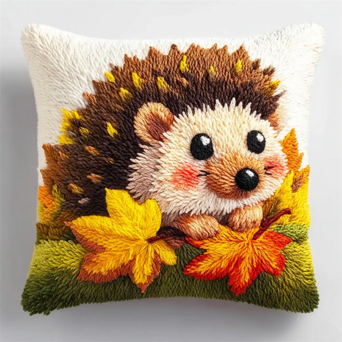 Kitquiver Animal Latch Hook Cushion Kits Hedgehog and Leaves DIY Latch Hook Kit Cushion Home Decor Embroidered Pillow Kits,Beginner Adult Embroidery Set 17x17In