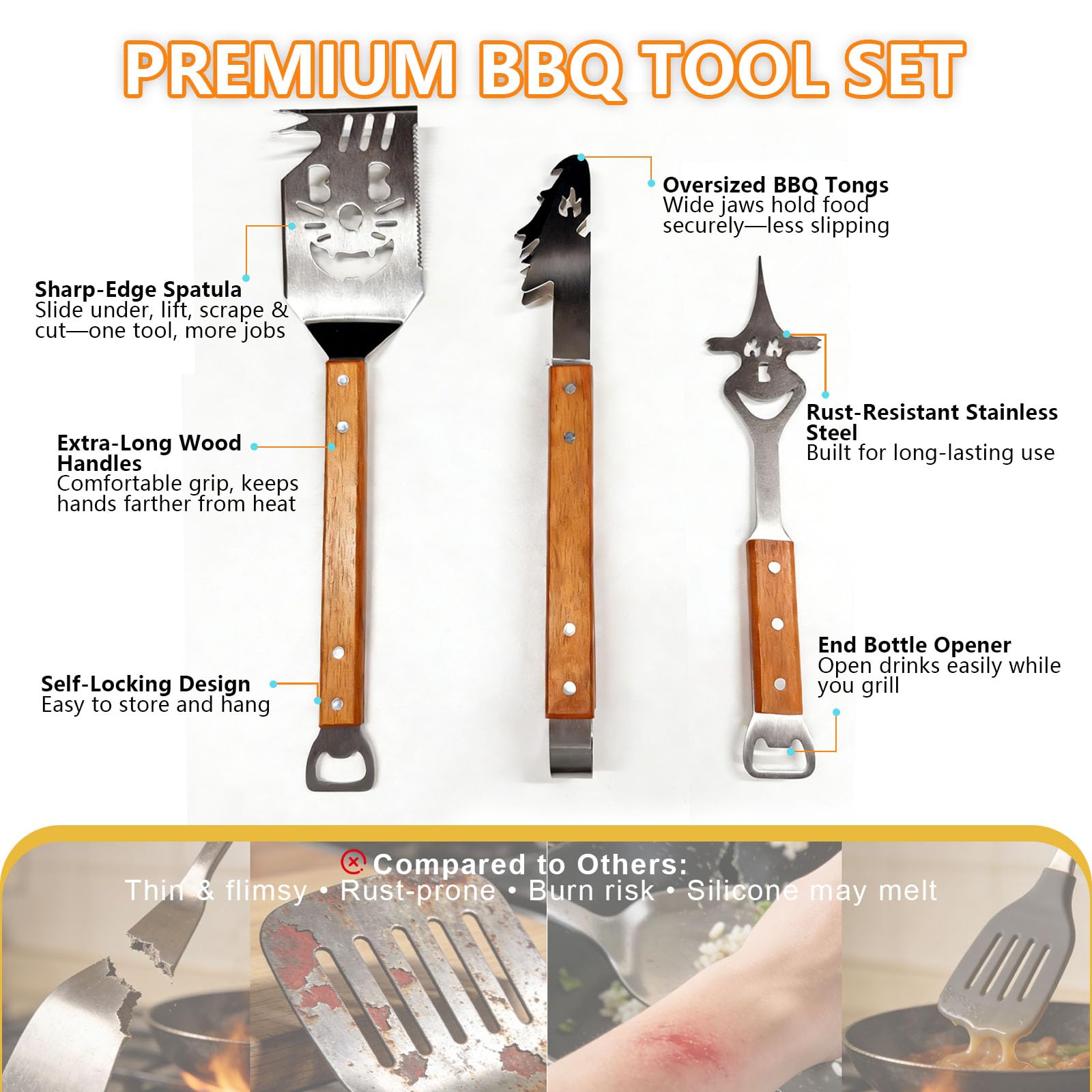 Ensemble d'Ustensiles de Barbecue Extra Longs en Acier INOX avec Poignée en Bois