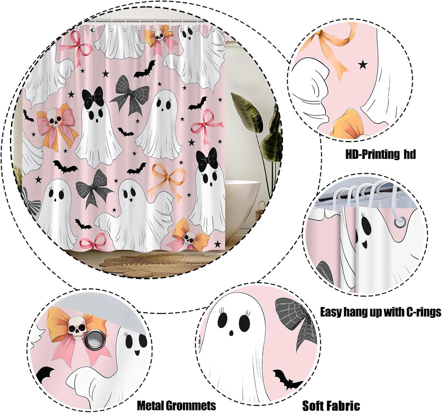 Halloween Ghost Extra Long Shower Curtain,Spooky Cute Festival Gothic Decor for Bathroom,Bow Skull Bat Funny Pink White Black Fabric Curtain with Hooks,70x78 Inch