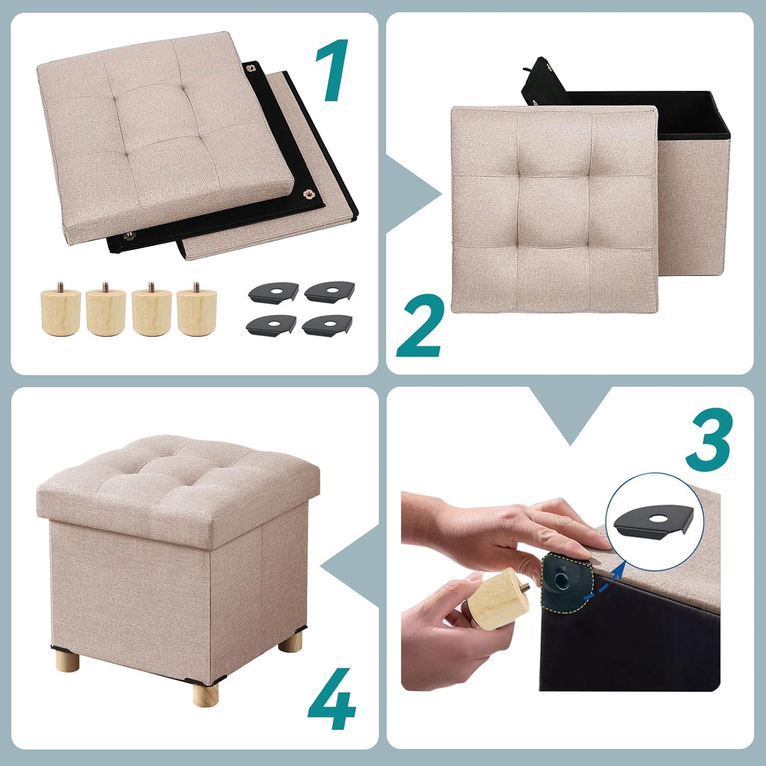 BRIAN & DANY Ottoman with Storage, Small Storage Ottoman for Dorm, Linen Folding Ottoman Foot Stool with Legs for Living Room and Bedroom, 15"x15"x15" - Beige