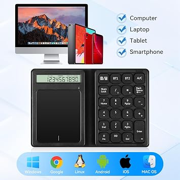 Bluetooth Number Pad, Portable Bluetooth Numeric Keypad with Display & Touchpad Calculator Foldable Financial Accounting Slim Wireless Number Pad for PC Desktop Laptop Tablet Windows Android iOS