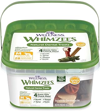 Whimzees Wellness Variety Pack Natural Dog Dental Treat, Chews, Freshens Breath, Medium Size, 29.6 oz Box, 28 Count