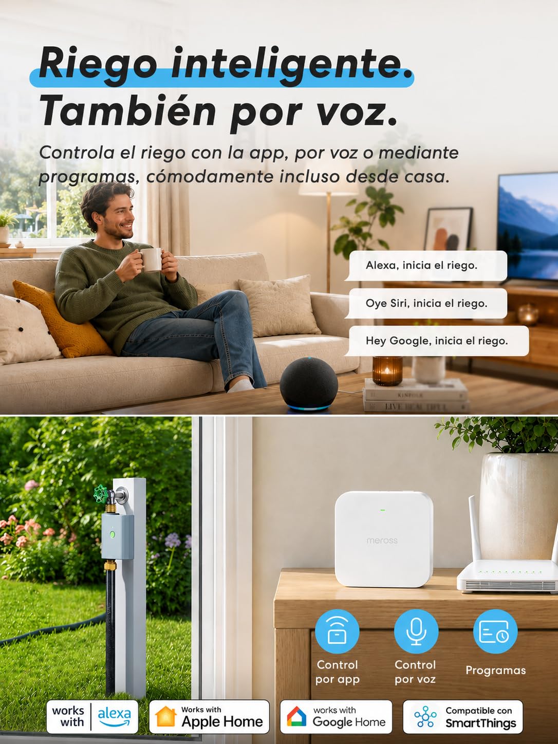 meross Programador Riego WiFi con Smart Hub, Temporizador de Riego Automático para Jardín, App y Control por Voz, Pausa por Lluvia, Consumo de Agua, Latón, IP65, Alexa, Google y Apple HomeKit, Gris