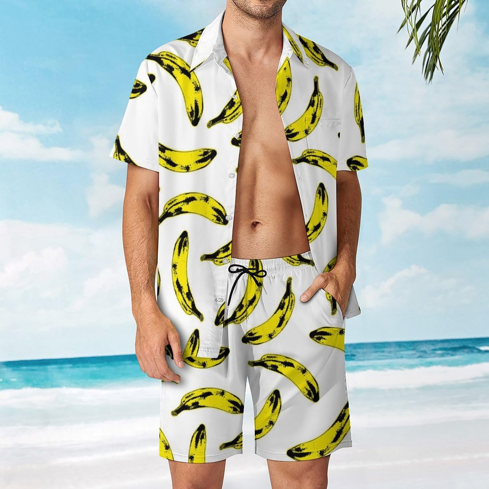 Banane Herren Hawaiihemd Und Strandhose Button Down Outfit Kurzarm Hawaii Hemd Zweiteiler S