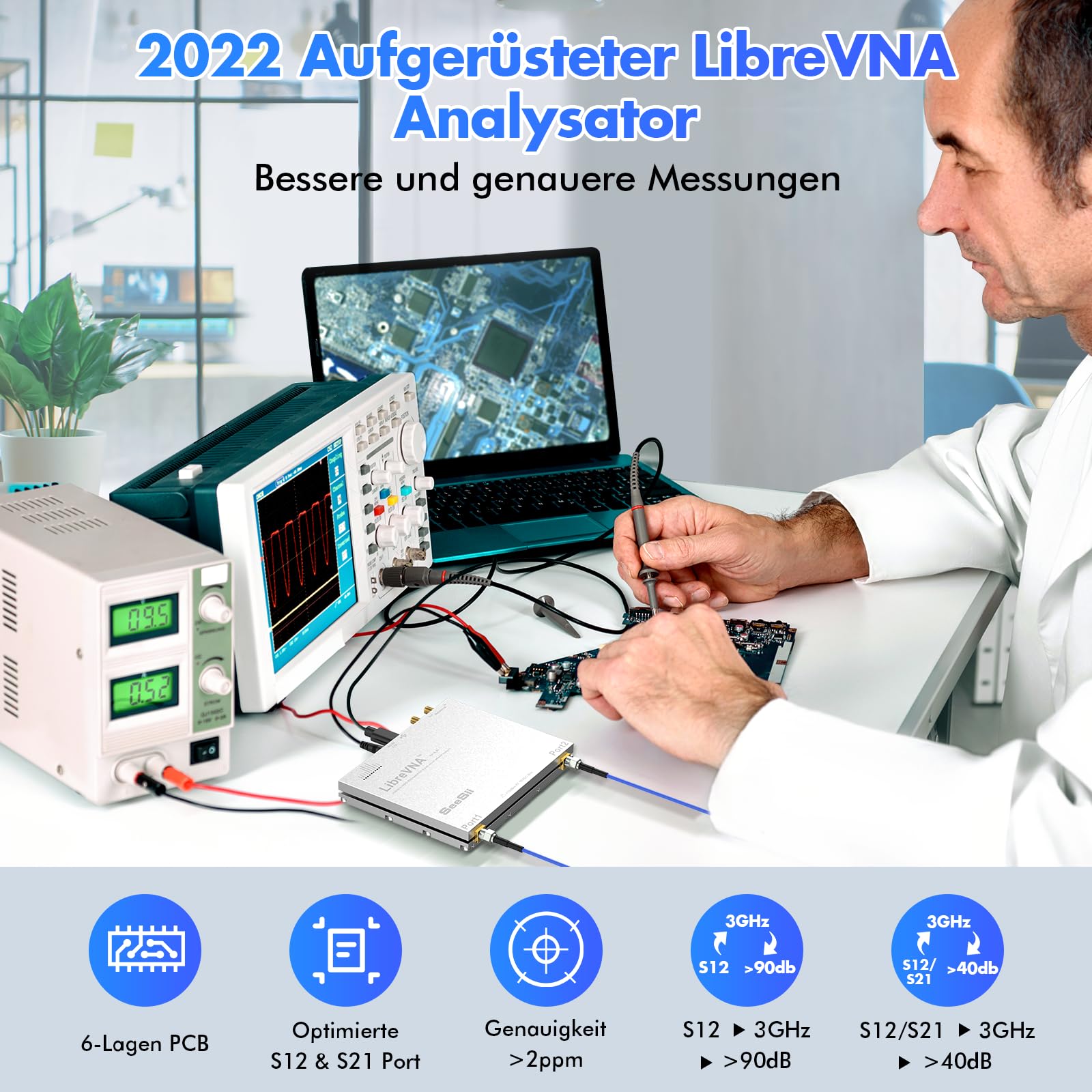 Seesii LibreVNA 2,0 Vektor Netzwerk Analysator, 2025 Aufgerüsteter NanoVNA Antennenanalysator 100 kHz - 6GHz mit Externem Referenz Eingang und Ausgang für Vollständige S Parameter