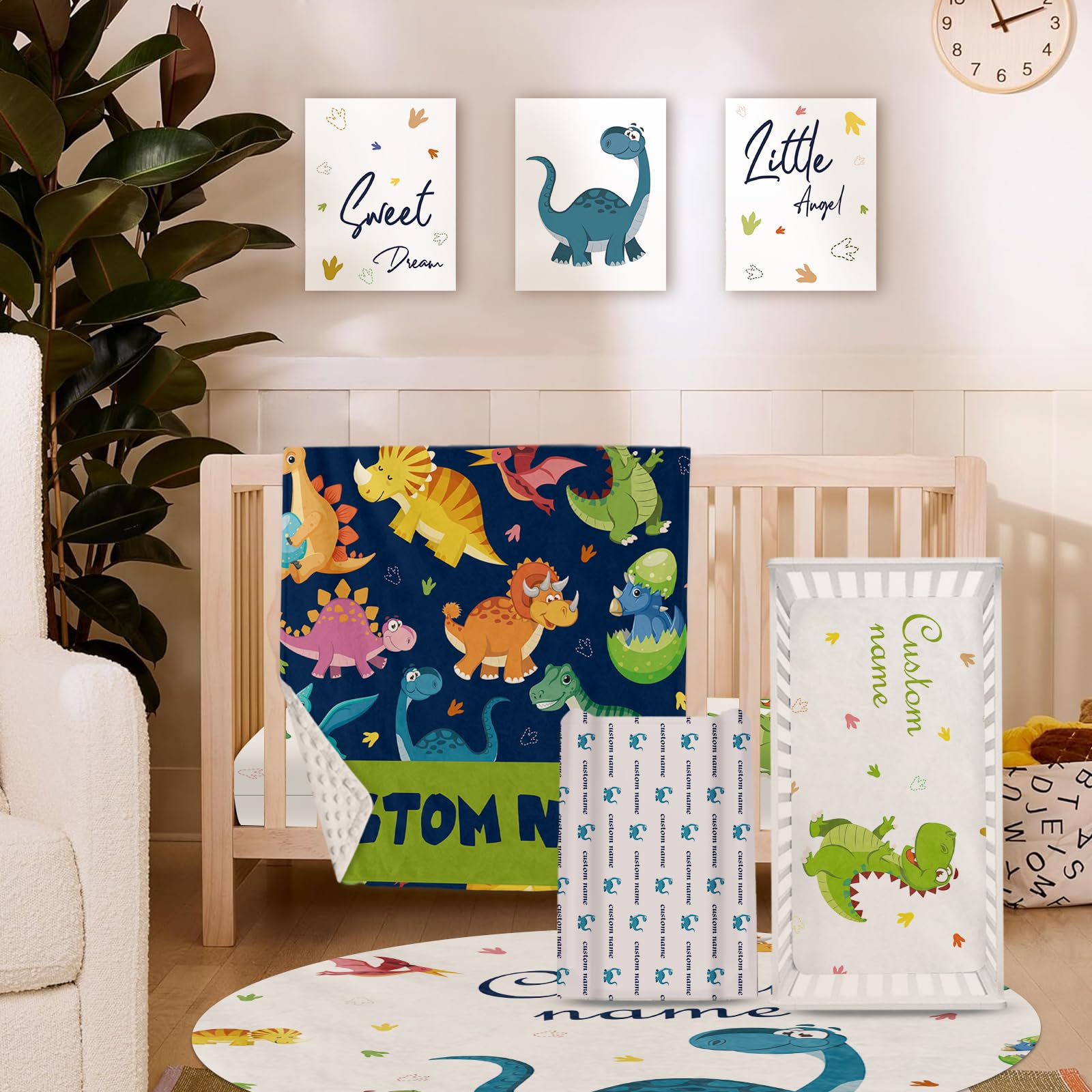 Custom Baby Crib Bedding Set 5 Pcs Personalized Name Dinosaur Space Theme Crib Set Double Layer Blanket Crib