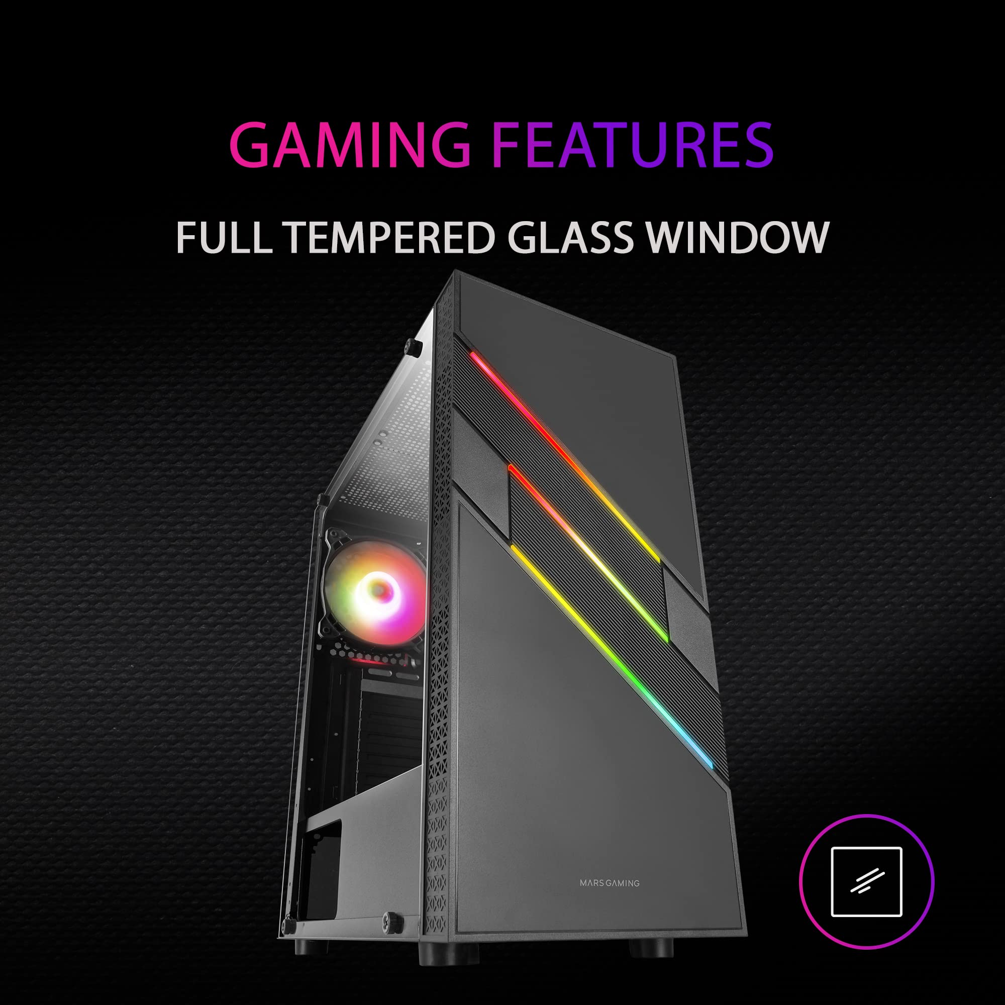 Mars Gaming MC-U3 Nero, Case PC Gaming ATX XL, Frontale Triplo ARGB, Ventola ARGB 12 cm, Finestra Vetro Temperato