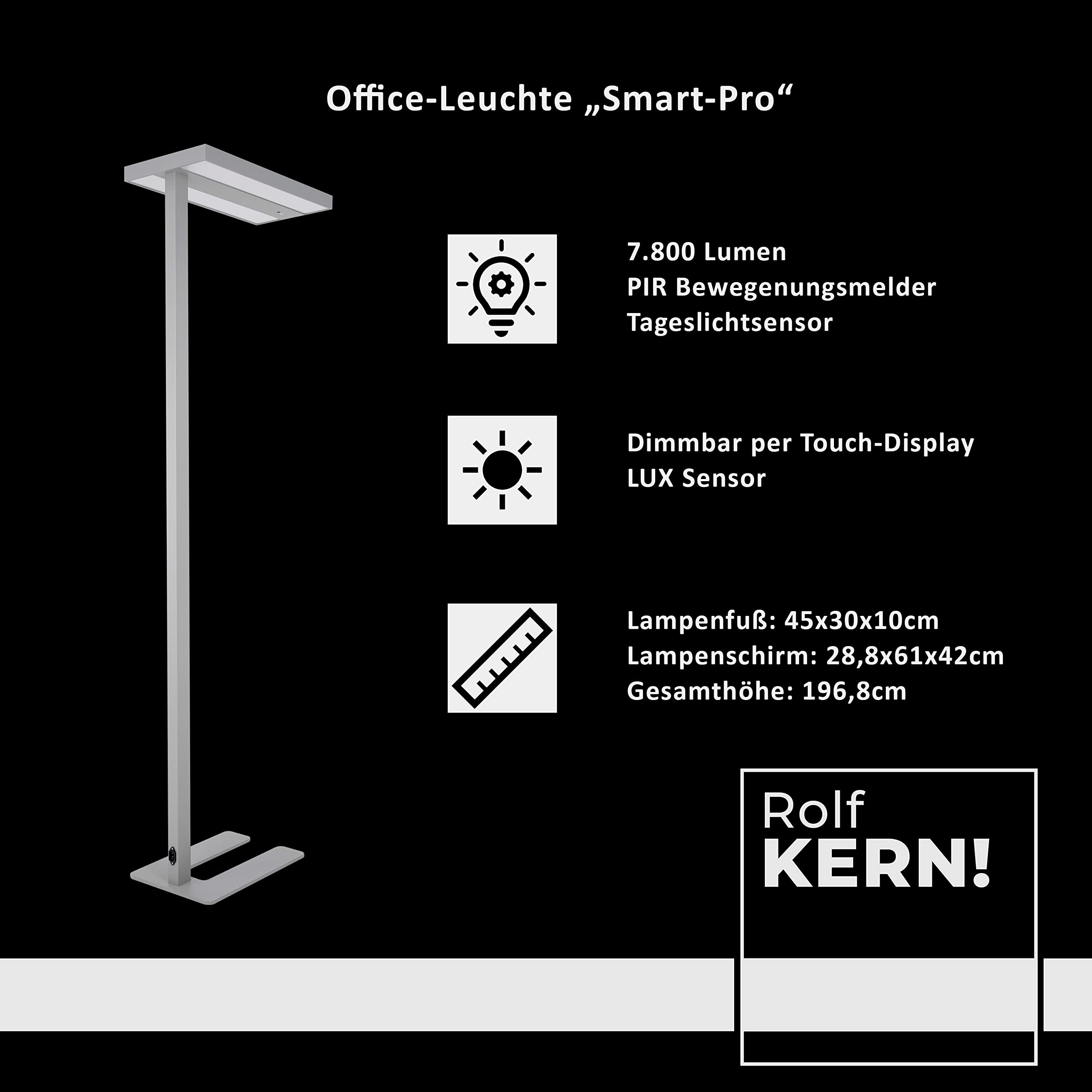 LED Büro Lampe | Smart-Pro | Moderne Stehlampe mit Bewegungsmelder Tageslichtsensor dimmbar per Touch Display, 7.800lm neutralweiß Office Leuchte