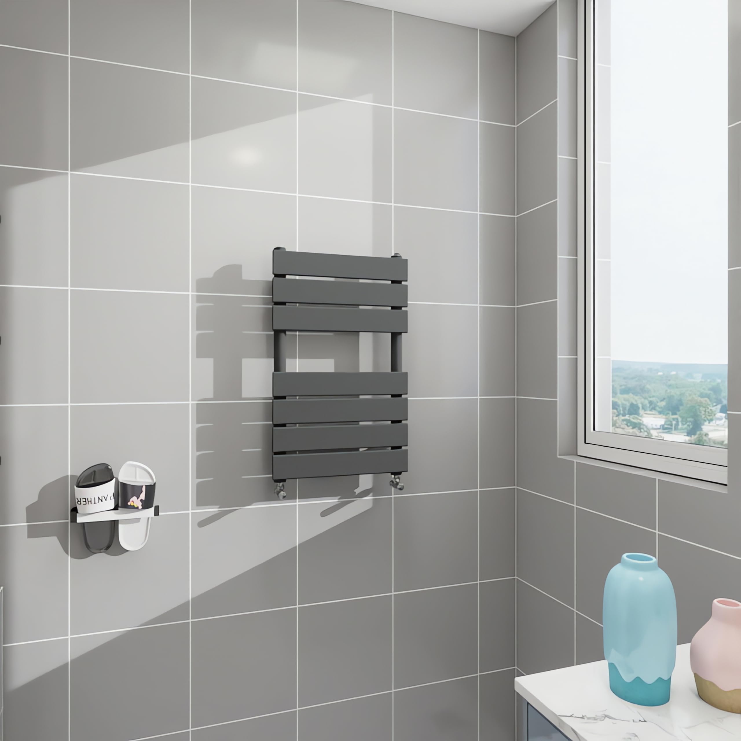 Morden Bathroom Flat Panel Heated Towel Rail Radiator,Wall Mounted Central Heating Ladder Rad 650X400mm Anthracite