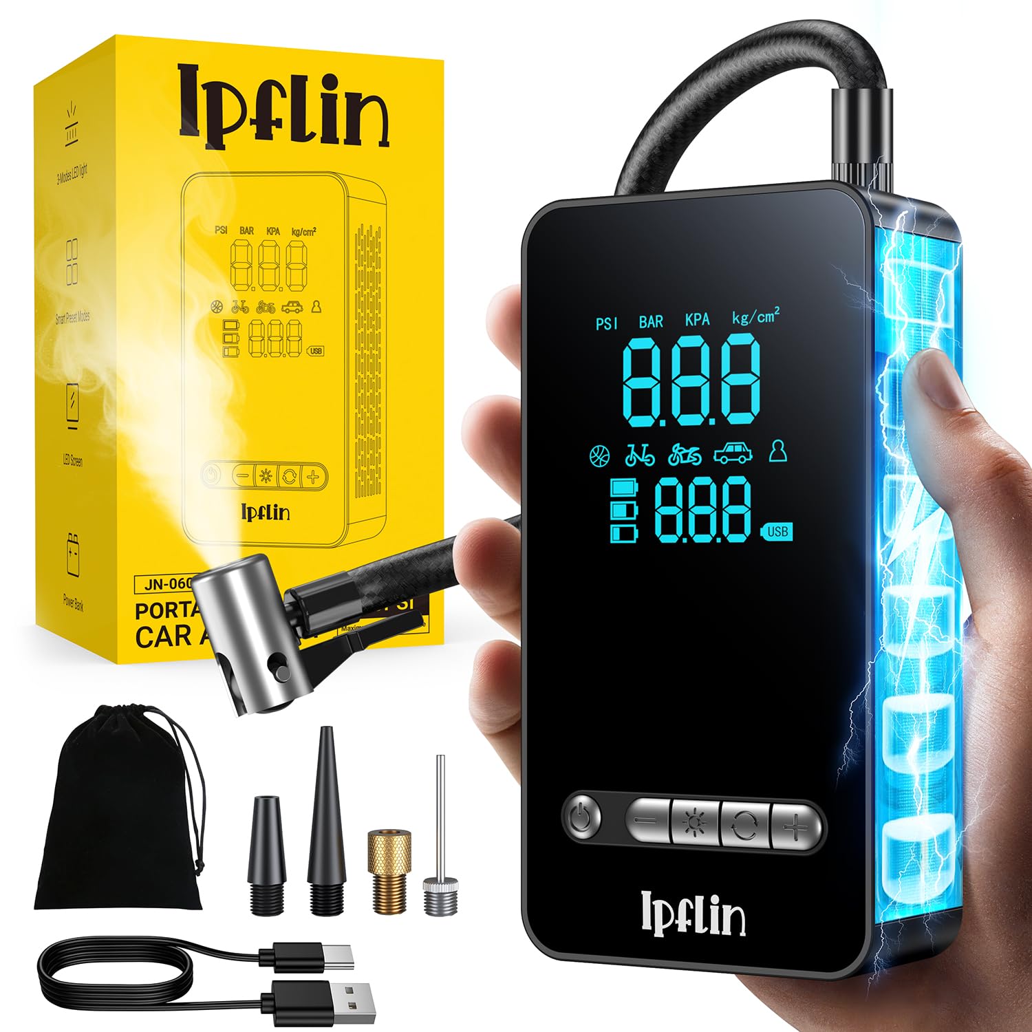 Inflador Ruedas Coche Compresor Aire Portatil - Inflador Electrico 150PSI con Función de Parada Automática, Hinchador Ruedas para Coche Moto Bicicleta, Pantalla Digital Nueva Versión