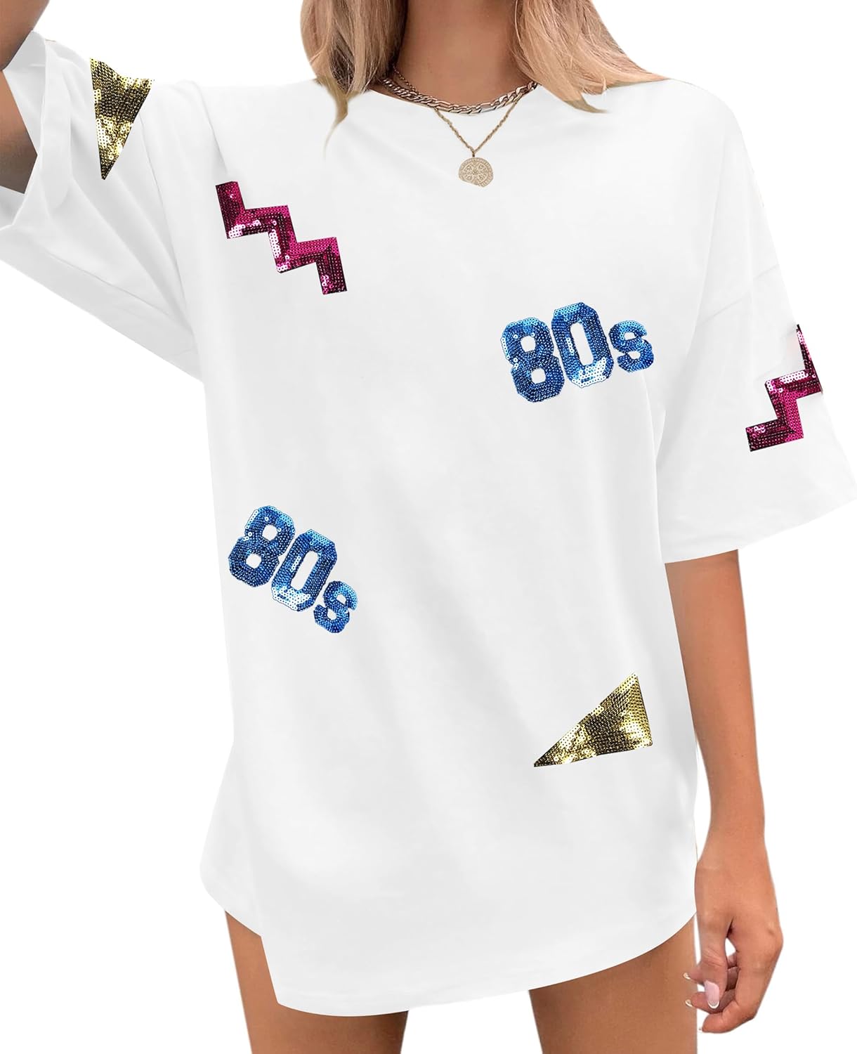 UNIQUEONE 80s 90s Outfits for Women Sequin 80s Themed Party Outfits Vintage  neon Shirts Oversize Birthday Tops