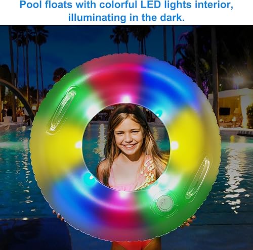 Miniatura 6 de Flotadores inflables de piscina flotadores de piscina de 22 pulgadas para niños con luces LED anillos de natación LED transparentes con asas
