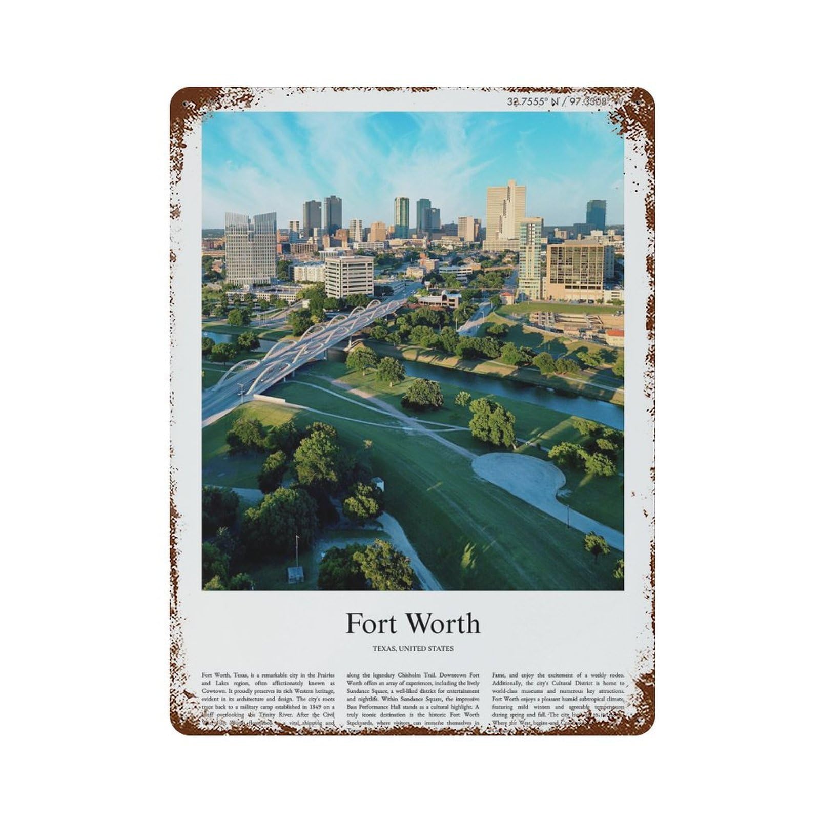 xiaoxiaoshen Fort Worth Texas, United States, USA City Scenery Wall Decor Art Metal Tin Poster Modern Home Decor Art Home Bar Shop Decorations Vintage Sign 40x30cm