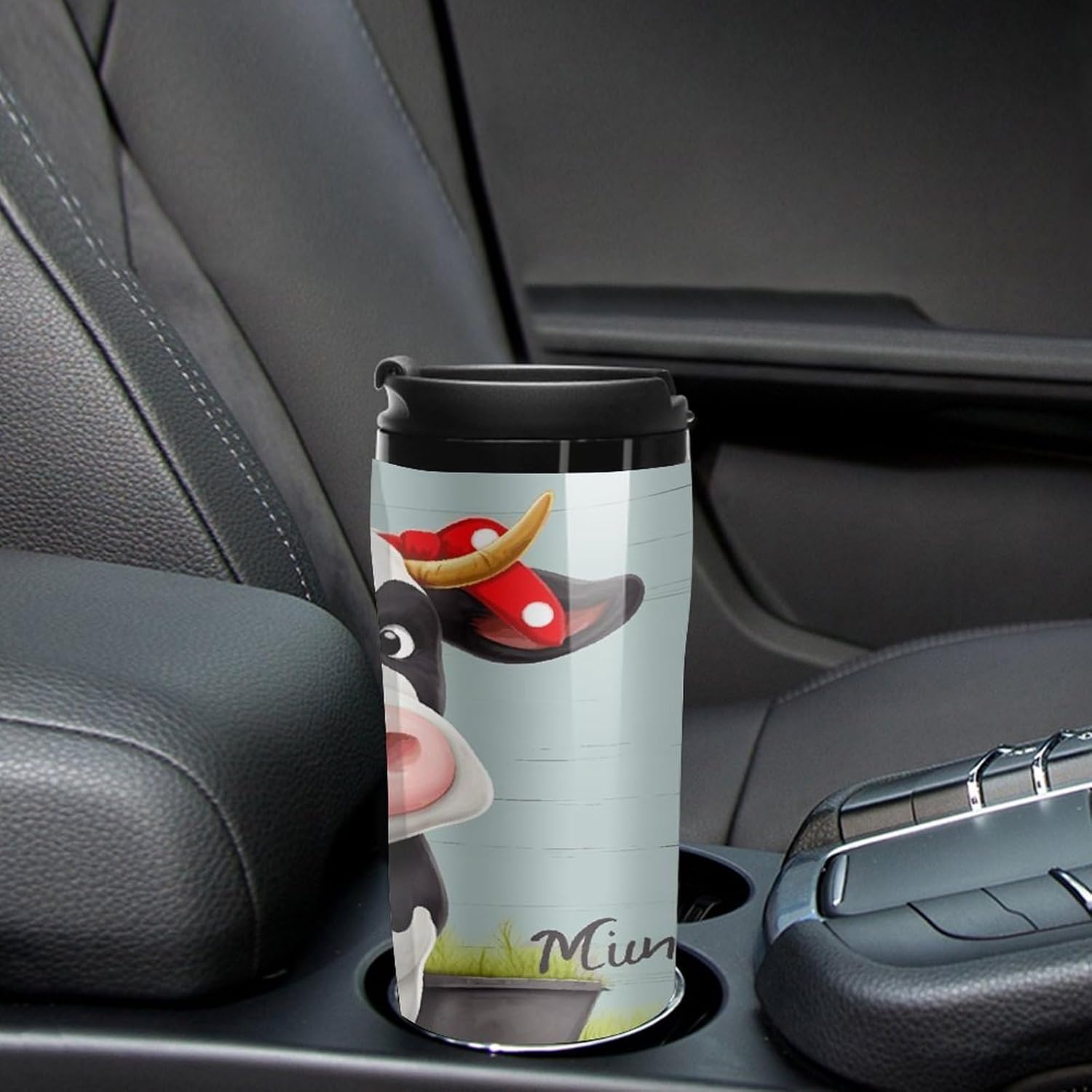 Cute Cow Coffee Cup Reusable Portable Water Bottle with Double-Walled Plastic,Coffee Mug for Hot & Cold Drinks, Cup Holder Friendly 350ml