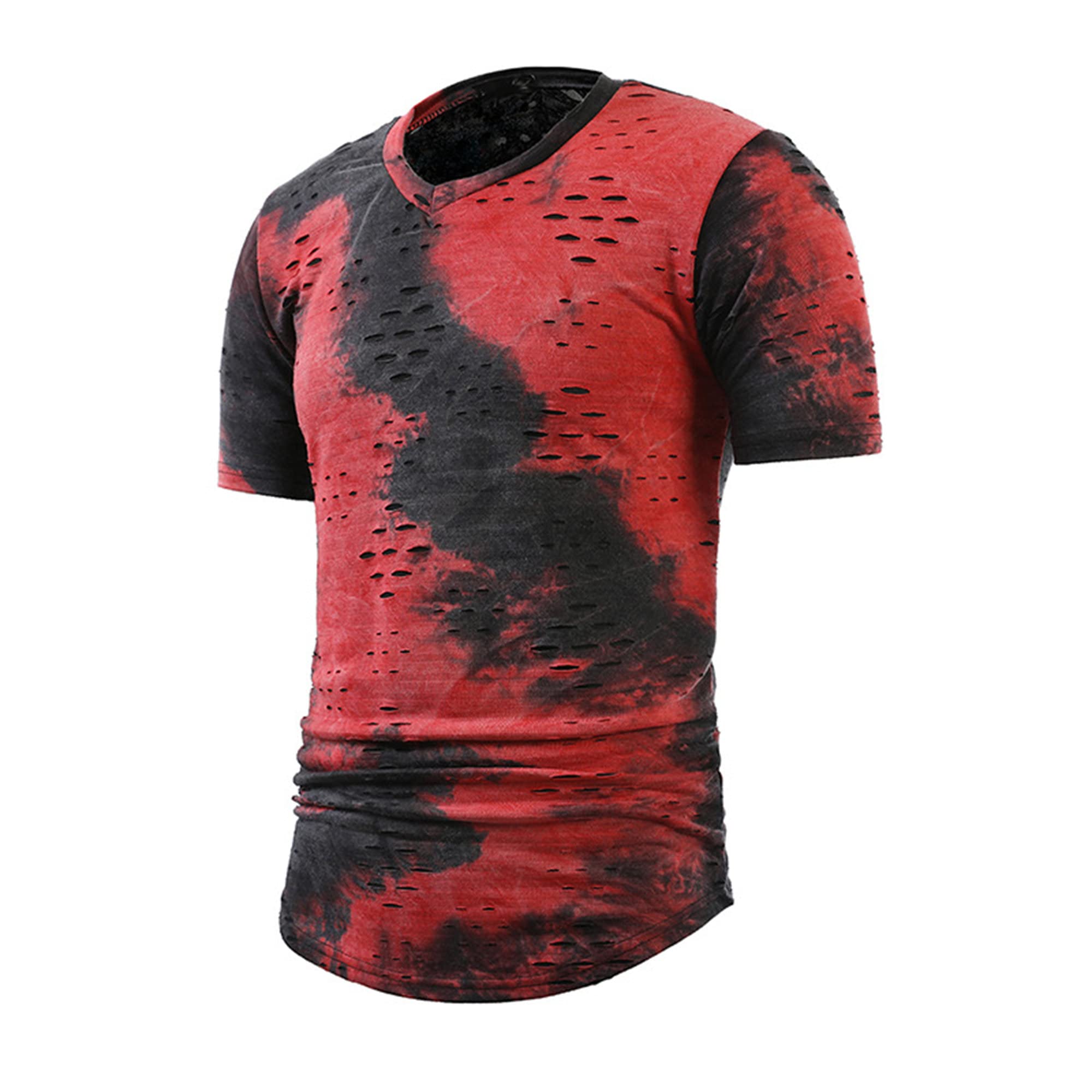 Men's Tie-Dyed Curve Hem T-Shirts Hip Hop Workout Fit Shirts Top Muscle Hole T Shirt for Men (Red,X-Large)