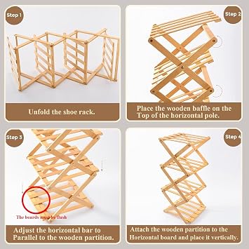 Vertical Shoe Rack Folding 5 Tier, Narrow Shoe Storage Rack, Bamboo Shoe Shelf, Tall Shoe Stand, Without Installation, Shoes Racks Small for Corridors, Entrance and Small Spaces, Wood Color
