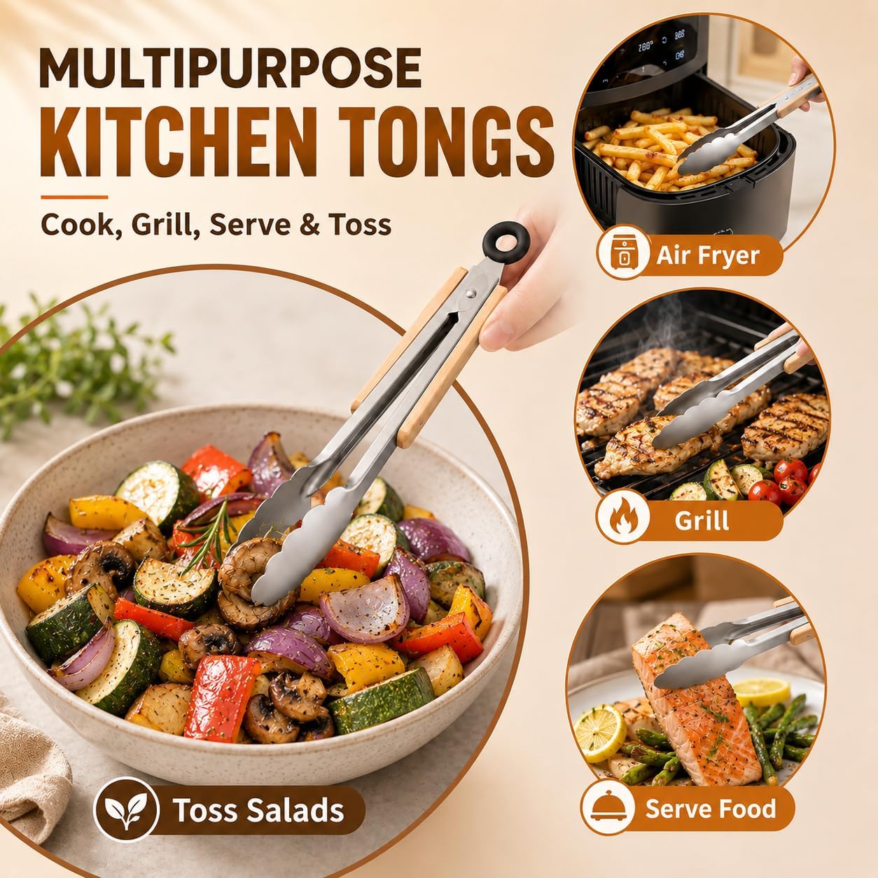 2 Pack Kitchen Tongs, 9" & 12" Stainless Steel Tongs with Wood Handles