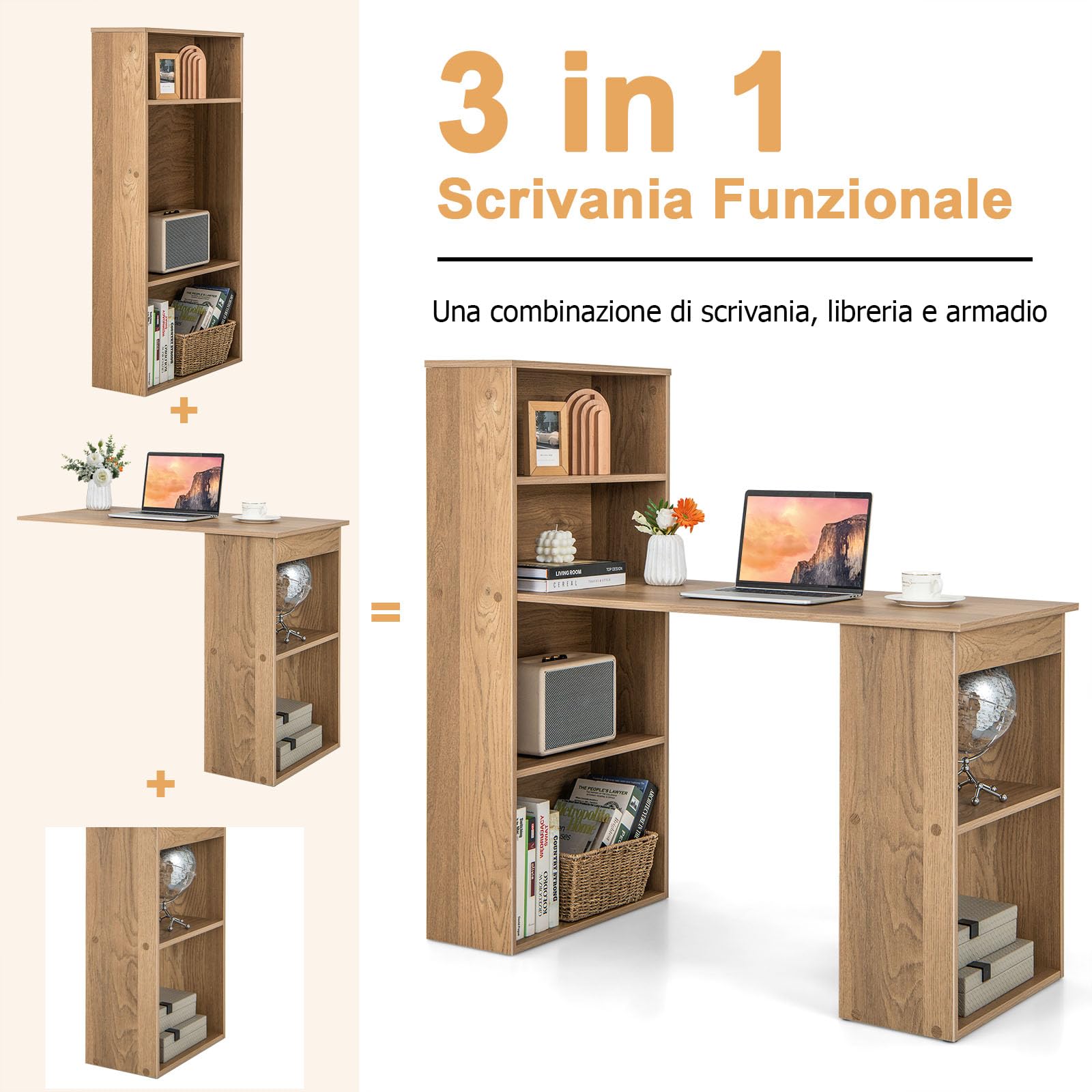 GYMAX Scrivania per Computer Reversibile da 121,5cm con 6 Ripiani, Scrivania con Libreria a Muro, Scrivania Moderna da Studio con Libreria per Casa e Ufficio, Design Salvaspazio (Natuale)