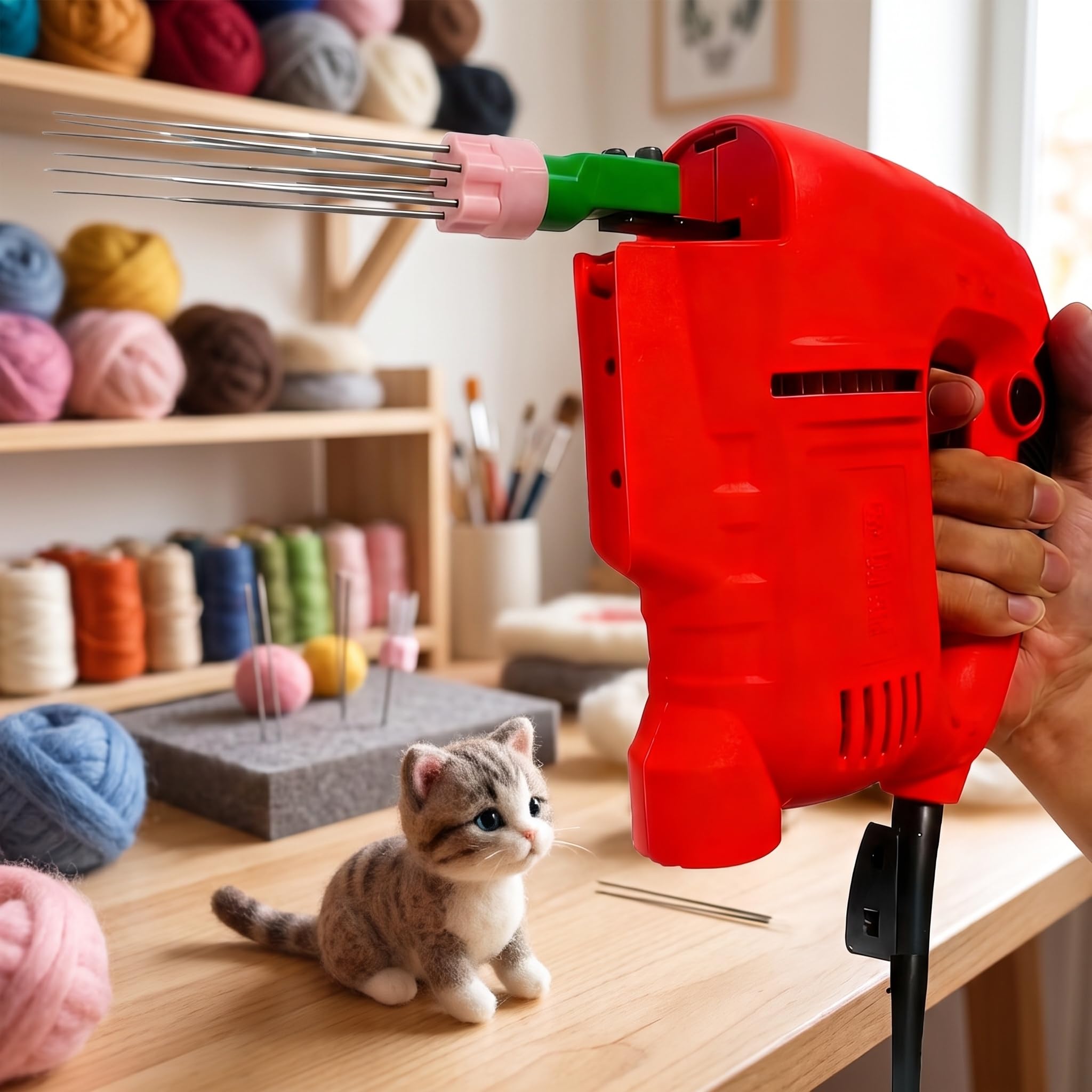 WHOOLEFUN Elektrische Nadelfilzmaschine, 3000 U/min, Tragbares Handwerkzeug Zum Filzen Von Wolle, Geeignet Für 1-7 Nadeln, Mit Austauschbaren Düsen, Für Diy-wollskulpturen Und Filztiere