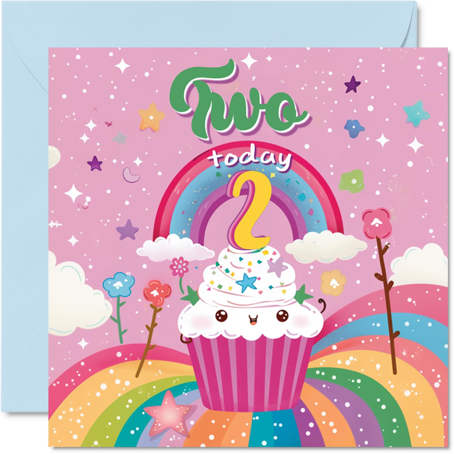 2nd Birthday Card Girl - Cupcake Rainbow - Happy Birthday Card for 2 Year Old Girl, Age 2 Girls Cards, 145mm Bday Greeting
