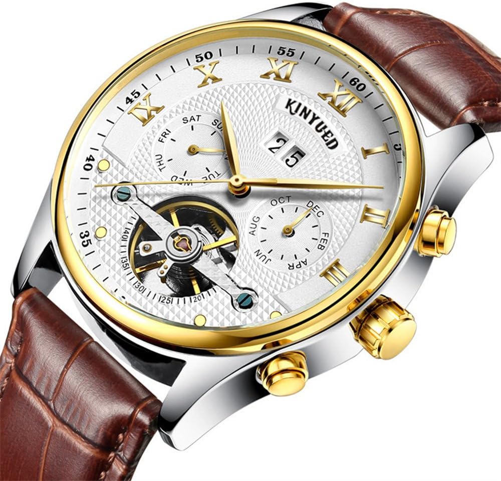 GOHUOS Men's Leather Auto Date Day Month Calendar Automatic Self Wind Mechanical Wrist Watches