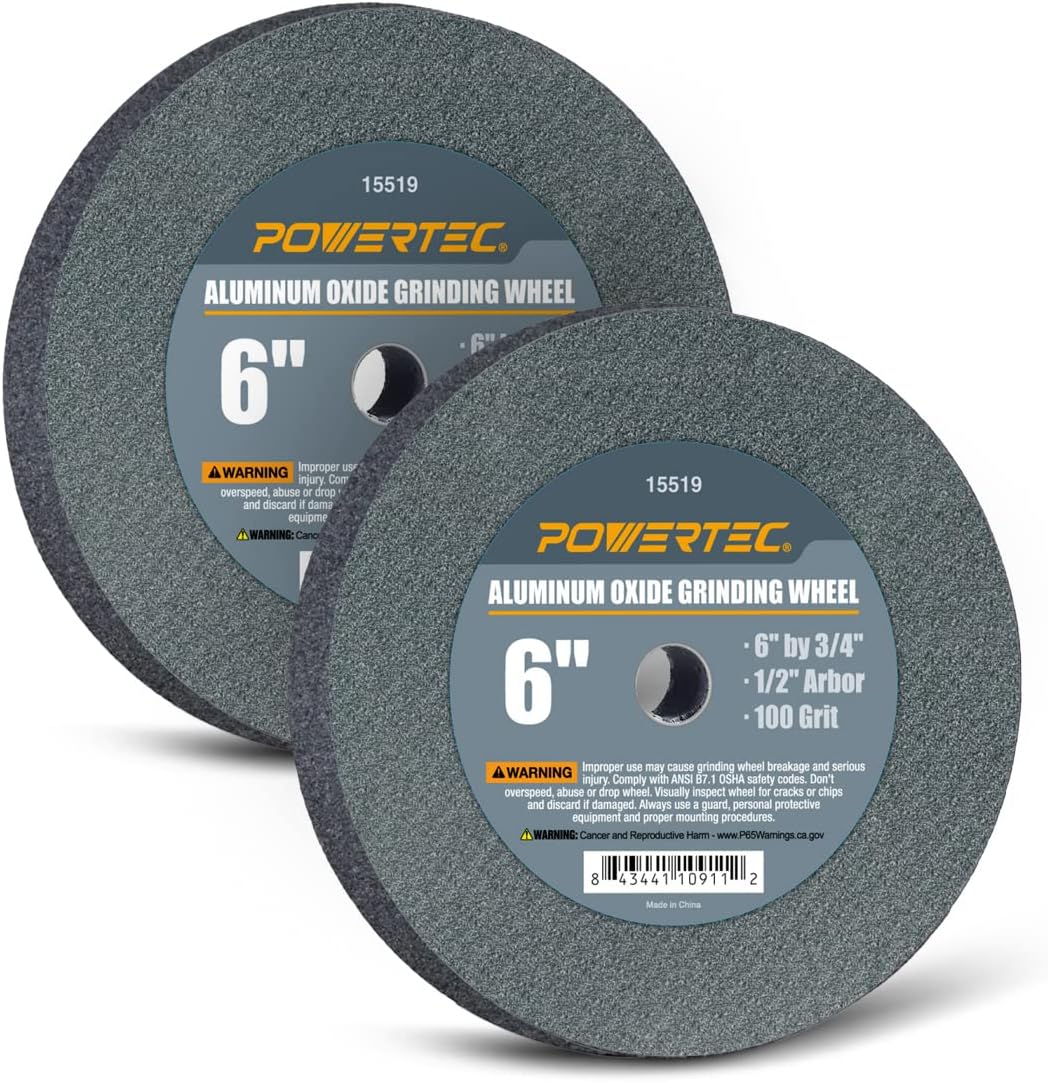 POWERTEC Bench Grinder Wheel 2PK, 8 Inch Grinding Wheel 100 Grit, White Aluminum Oxide, 8 Bench Grinder Wheels for Pedestal & Benches, 1" Thick 5/8" Arbor, Sharpening Shaping Drill Bits -15513-P2