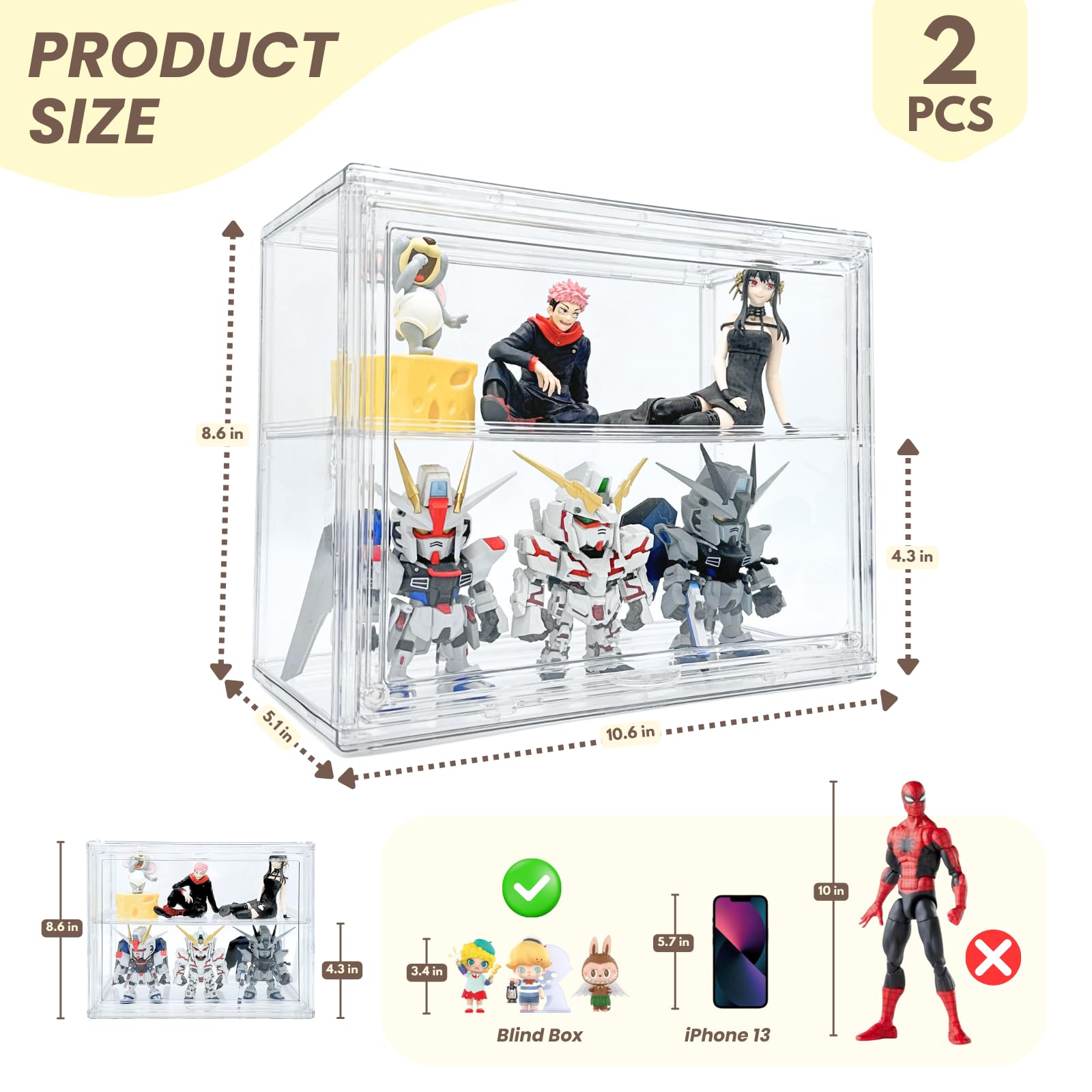 Paquete de 2 vitrinas acrílicas, vitrinas ajustables de 2/3 capas, vitrina a prueba de polvo montada en la pared para figuras de acción coleccionables (2, 2 niveles)