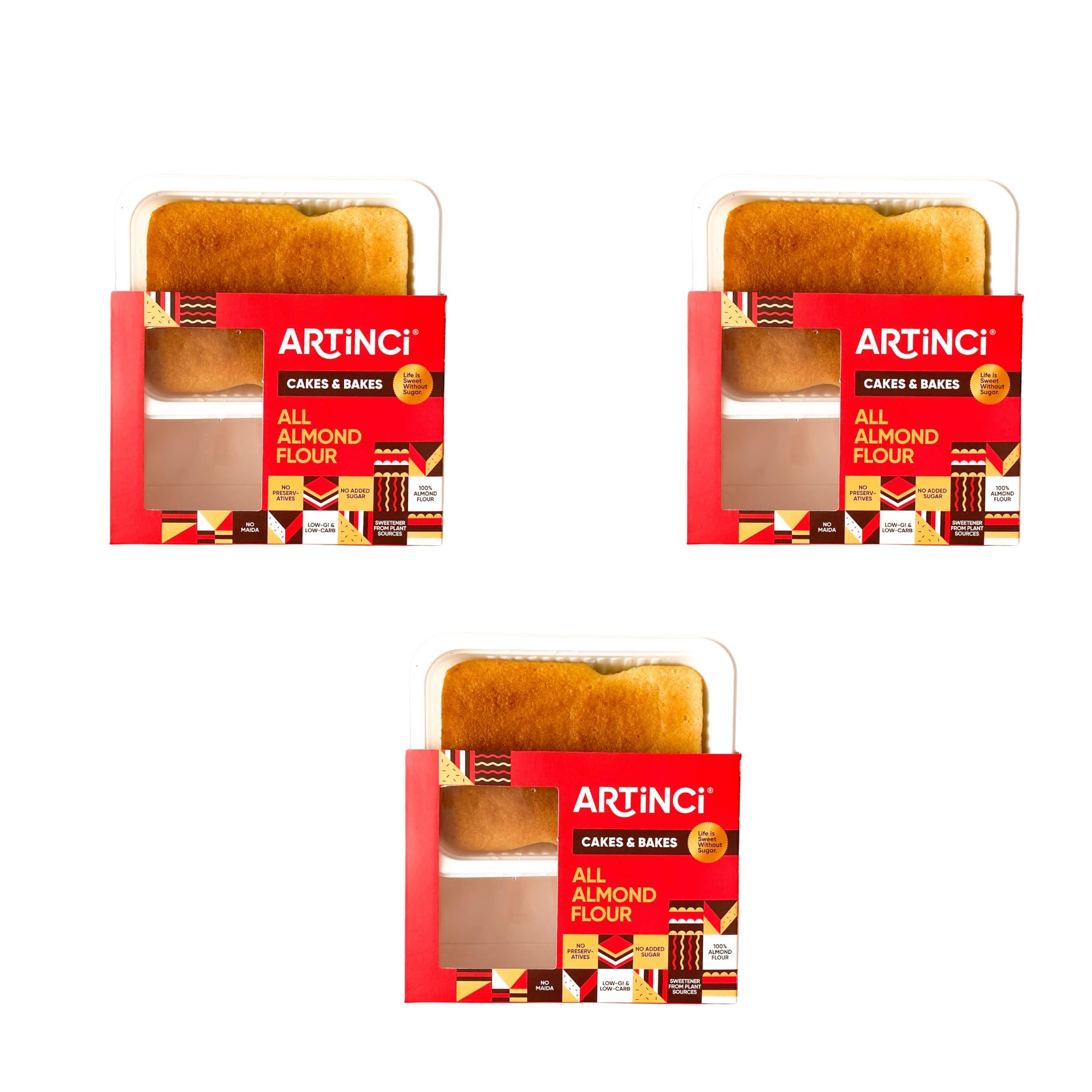 Artinci Sugar free Almond Flour Cake, Diabetic Friendly, No Maida, Gluten Free Healthy Low Carb Snack, 5.8g Protein per serving, Low GI, Keto & High Protein, 150g X Pack of 3 (9 servings)
