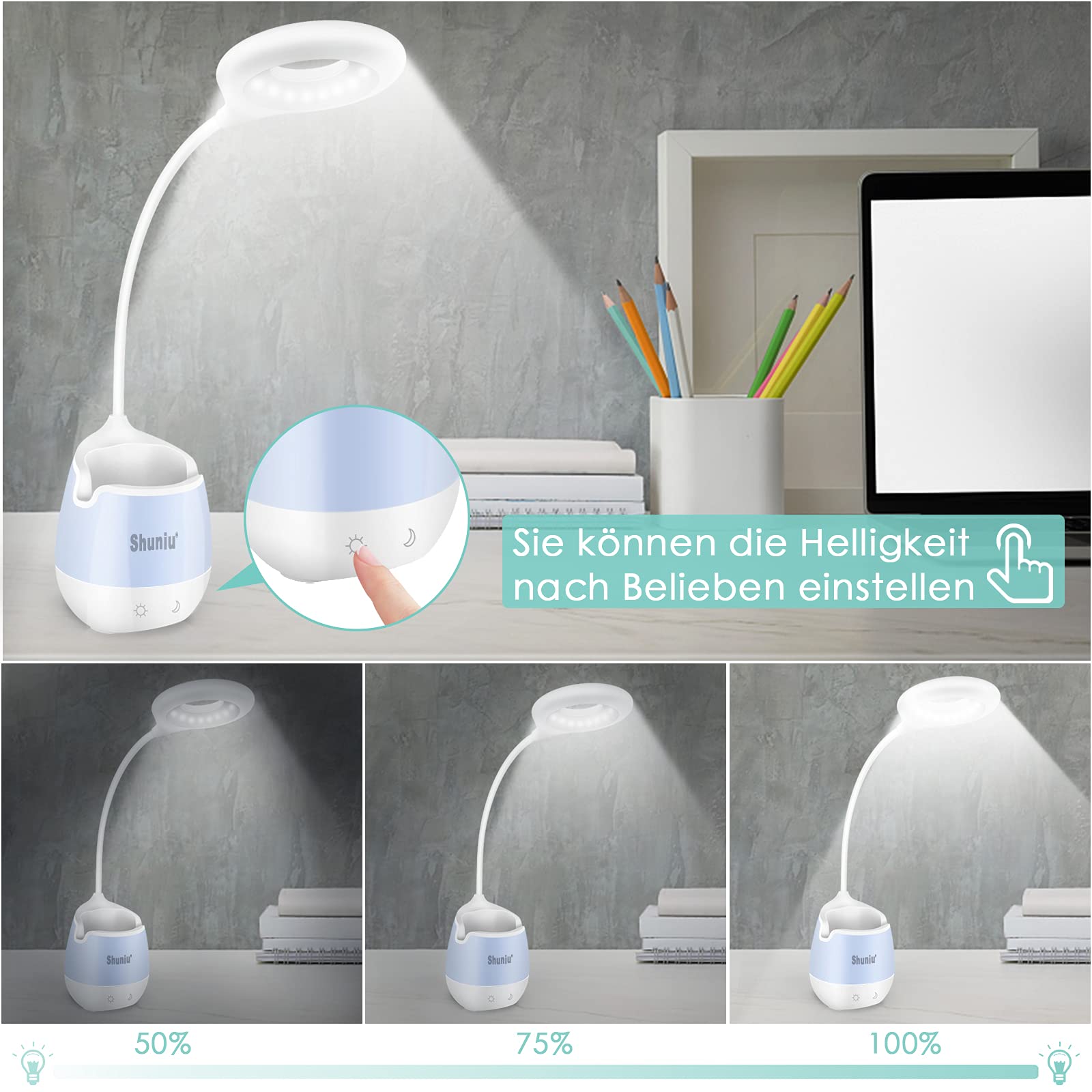 Shuniu - Lámpara de escritorio LED para niños, 360°, flexible, 20 LED, lámpara de mesa para estudios, lámpara de noche con 3 niveles de brillo, luz nocturna RGB con soporte para teléfono móvil