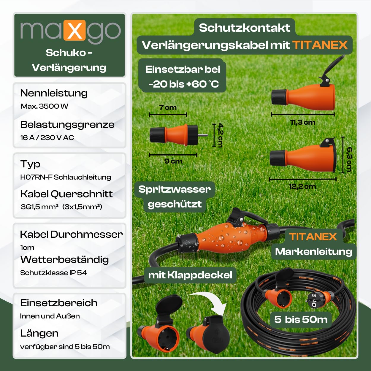 Verlängerungskabel 25 Meter IP54 Außen Verlängerung 25m Stromkabel Außenbereich Kabel Strom Verlaengerungskabel Gummikabel TITANEX 3x1,5 Schuko Outdoor Extension Cord