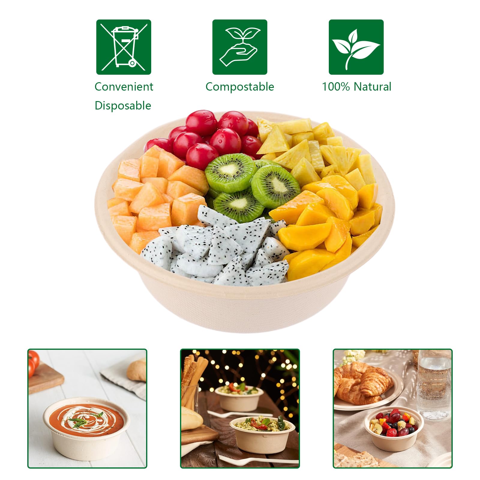150 Cuencos Desechables de 500ml, Cuenco Compostable de Bagazo de Caña, Cuencos de Sopa Compostables para Fiesta, Microondas y Congelador, 15.5cm