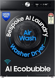 Samsung 12 kg (Wash) / 7 kg (Dry), 5 Star, AI EcoBubble, AI Control, AI Energy Mode, Air Wash, Hygiene Steam, Wi-Fi, Digital Inverter, Fully-Automatic Front Load Washer Dryer (WD12FB7B34GBTL, Black)