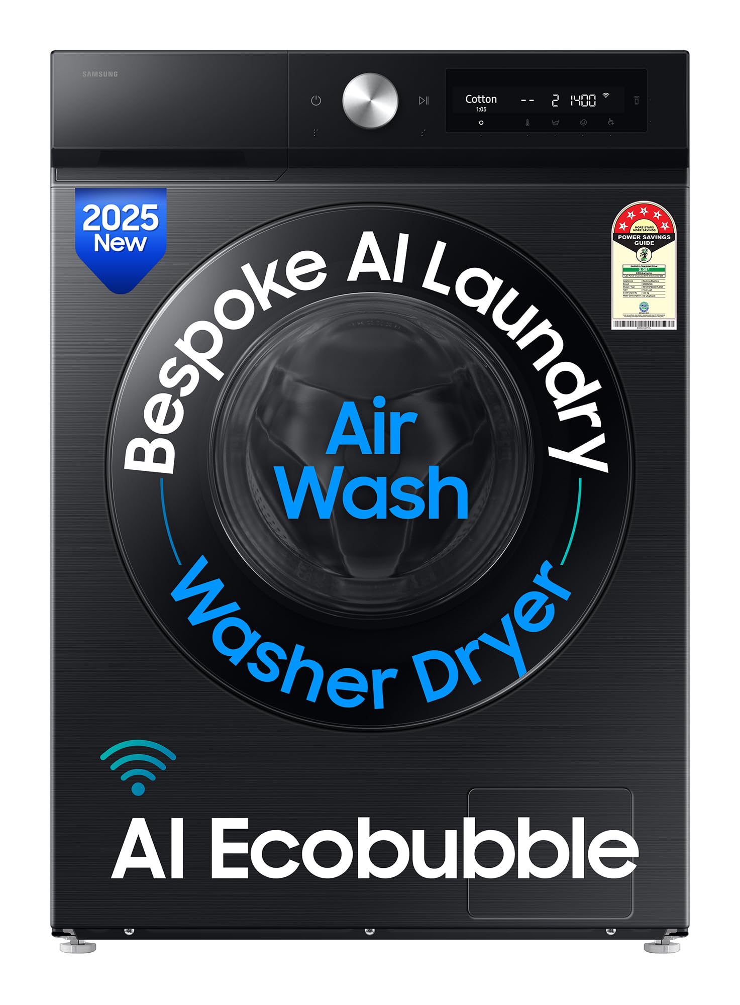 Samsung 12 kg (Wash) / 7 kg (Dry), 5 Star, AI EcoBubble, AI Control, AI Energy Mode, Air Wash, Hygiene Steam, Wi-Fi, Digital Inverter, Fully-Automatic Front Load Washer Dryer (WD12FB7B34GBTL, Black)