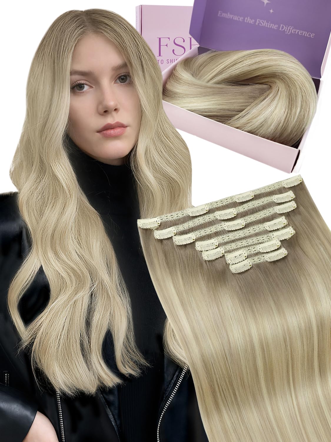 Fshine Extension Capelli Veri Clip 40 cm 7 pcs 120 g Extension Clip Capelli Veri Biondo Chiaro con Riflessi Beige Dorato Lisci Umani Estensione Clips Invisibile Confortevole Compleanno Colore 8 8 613