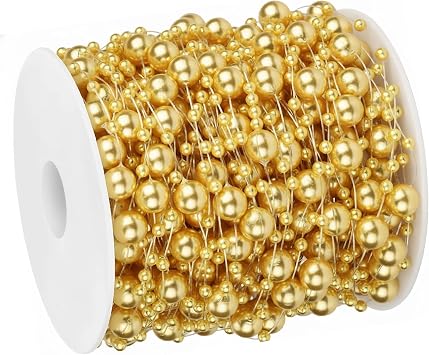 100Feet Pearl Garland Bead Chain Trim 3-8mm Christmas Beads Artificial Pearl Beaded String Strand Spool Roll for Crafting Chrismas Trees Wedding Centerpieces Decor