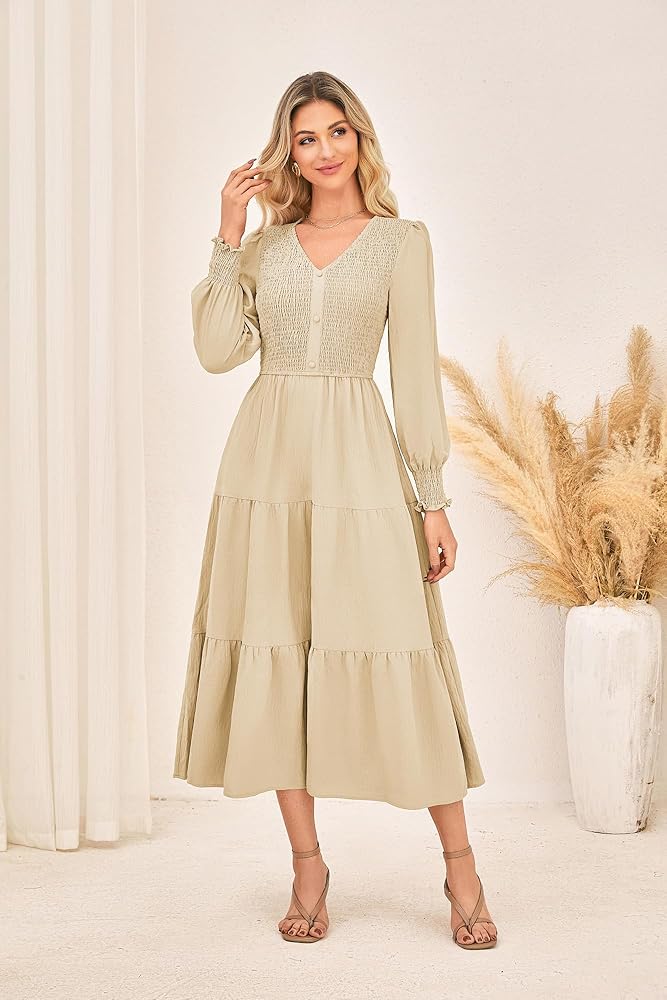 Kate Kasin Womens Apricot Long Sleeve Maxi Dress, Fall Smocked Work Dresses,  Casual Church Dress with Pockets at Amazon Women's Clothing store