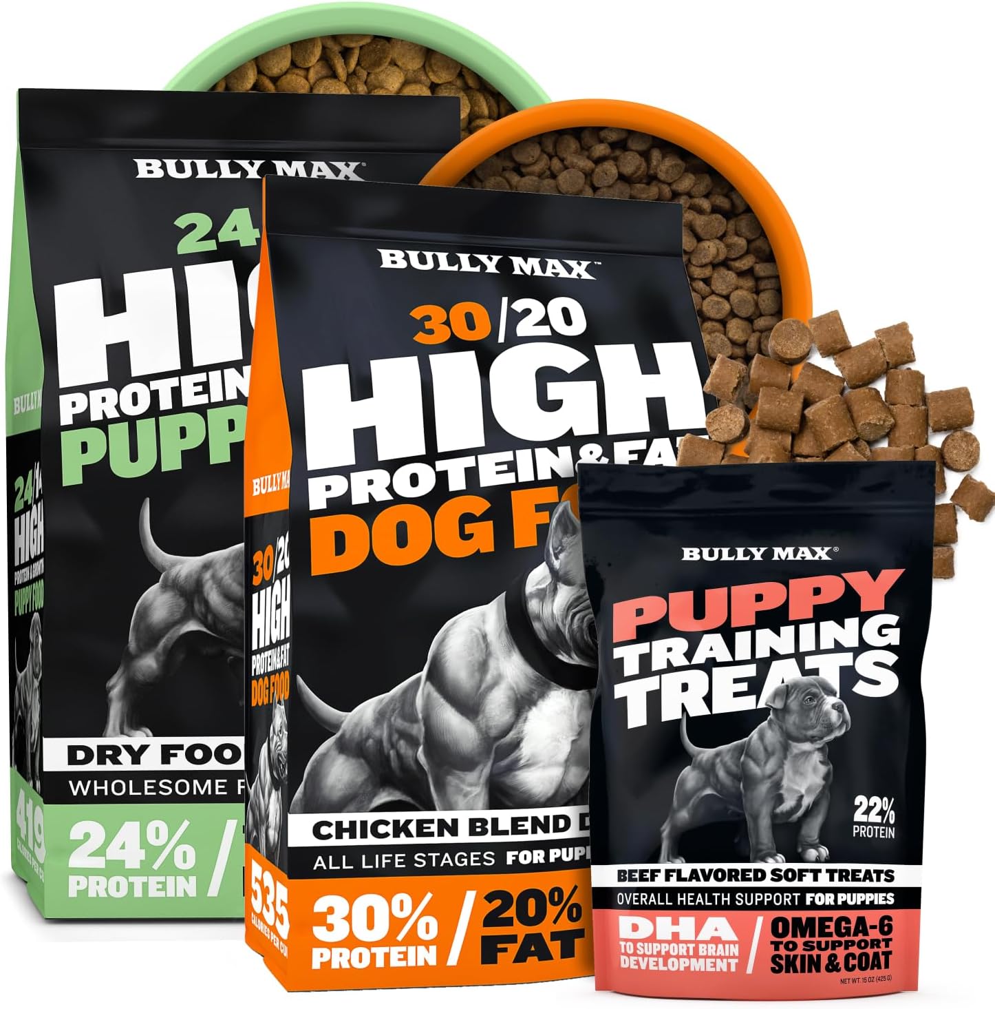Bully Max Puppy Nutrition & Training Bundle – 24/14 Lamb Dry Food (5 lb), 30/20 High Protein & Fat (5 lb) + Training Treats – for Development, Growth, Energy & Rewards in Small, Large Breed Puppies