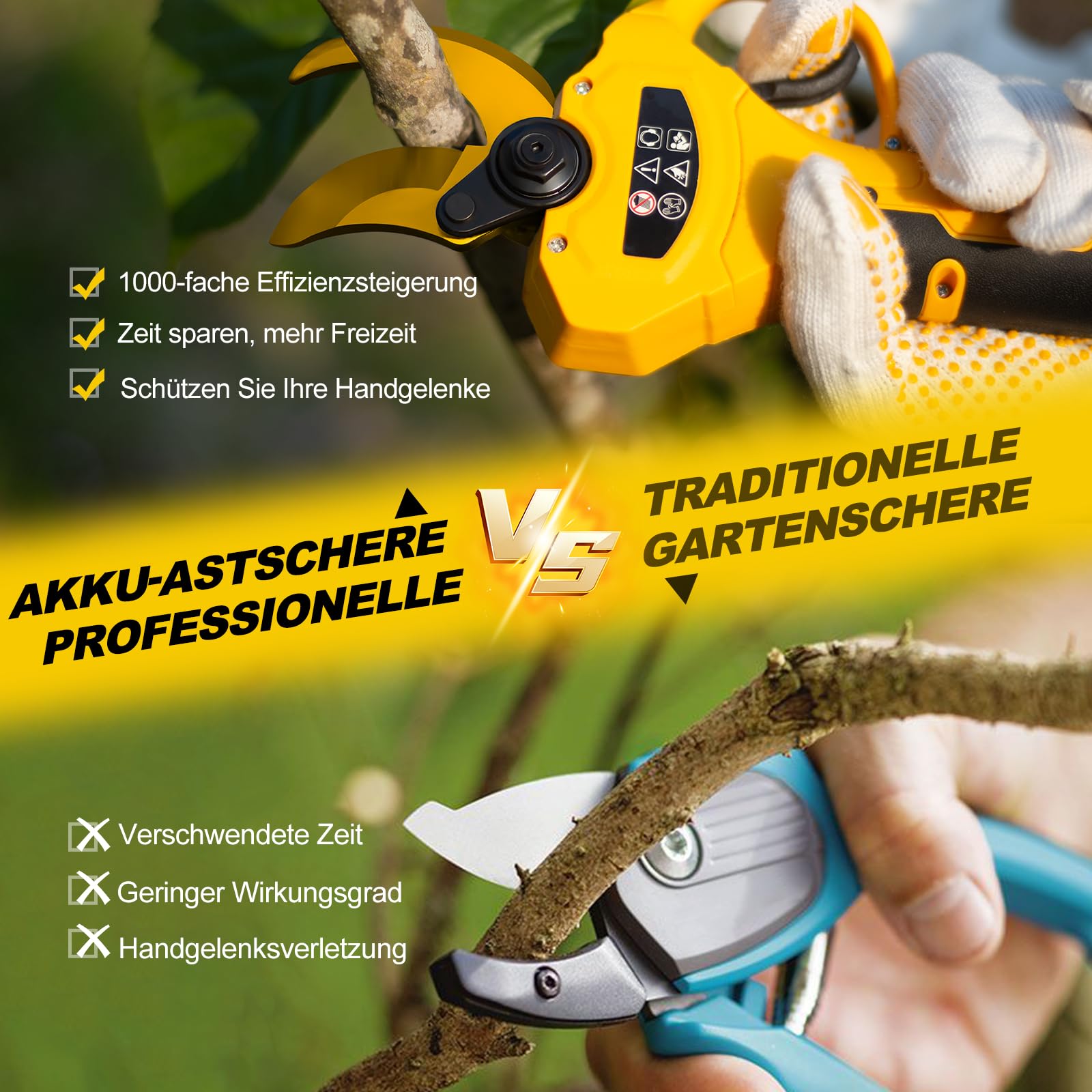 Akku Astschere，50 MM Elektrische Gartenschere, scharfe Sk7-Klingen, 2x2000mAh Baumschere mit LCD Display,6–8 Arbeitsstunden Professionelle Bürstenlose Gartenschere für Zweige, Sträucher, Stämme