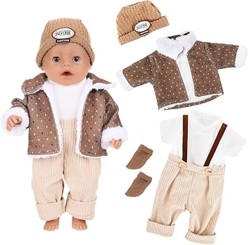14-18 Inch Doll Clothes, 4 Pcs Winter Baby Doll Clothes for 30-45cm Doll, 43cm Doll Outfits Include Brown Polka Dot Coat+Dungaree Set+Hat+ Socks, Compatible with NewBorn Baby
