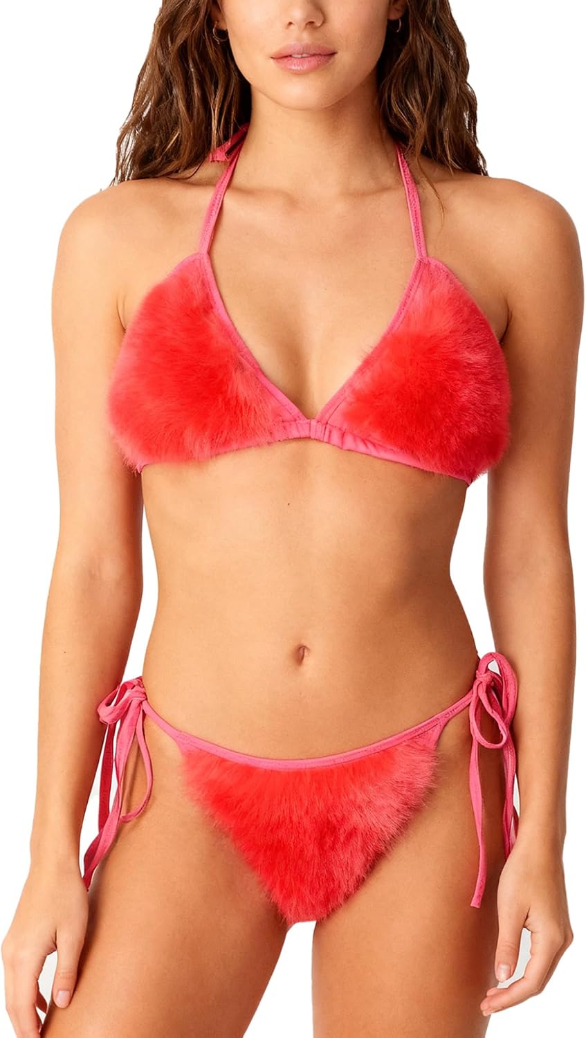 Adult Women's Faux Fur Bikini Sets Swimwear Halter Bra with Tie Side Thong Lingerie Set
