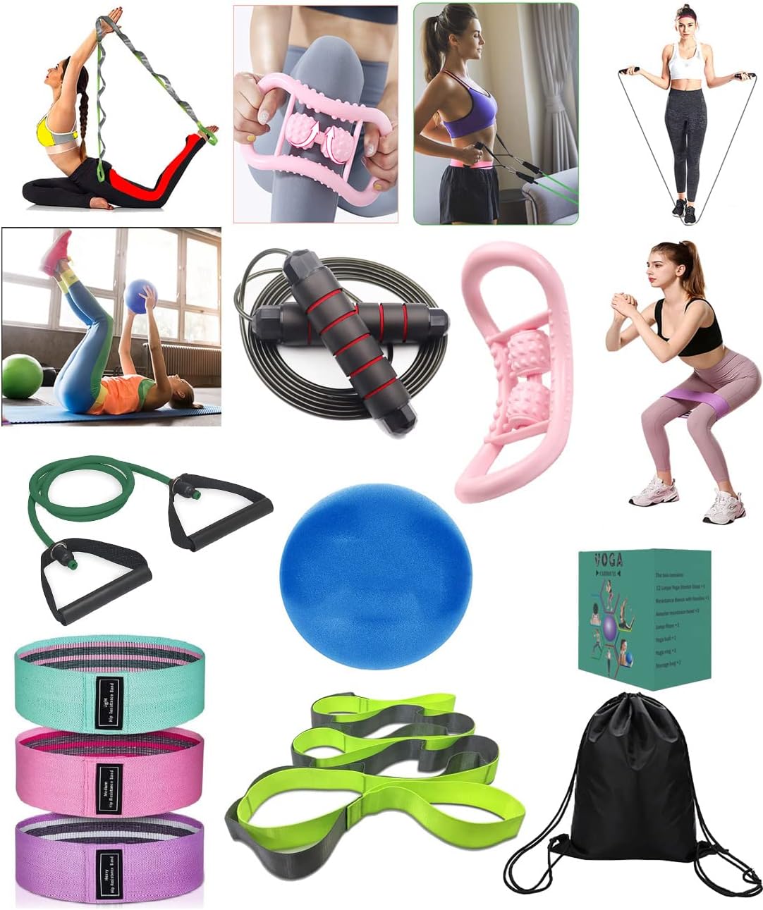 COZUOYI Resistance Bands Set , Exercise Equipment for Home Workouts Include 12 Loops Yoga Stretch Strap, Resistance Bands with Handles,Booty Bands, Jump Rope, Yoga Ball,Massage Ring (Color 8)