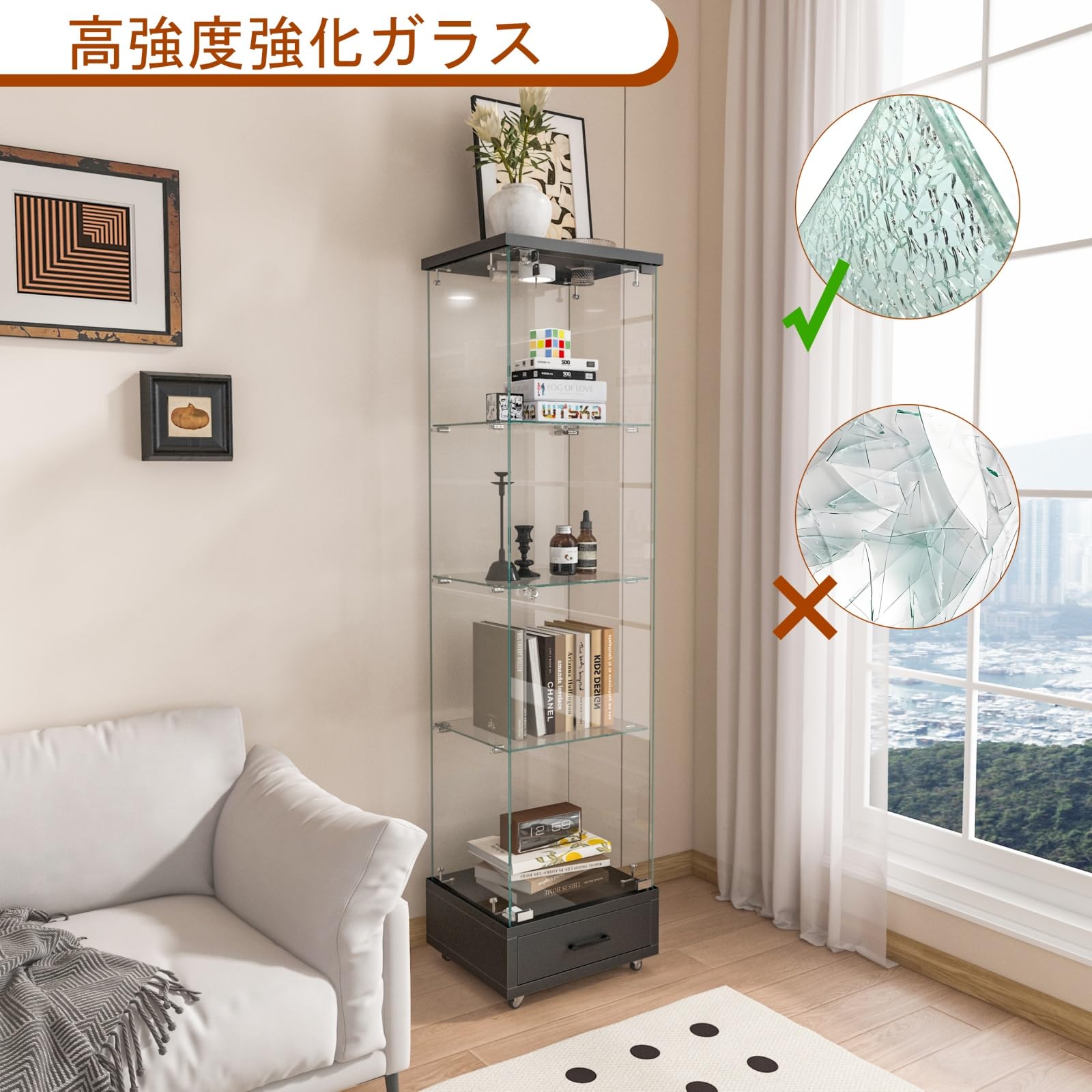 Amazon.co.jp: LED照明付き 鍵付き ガラスディスプレイキャビネット