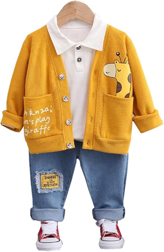 Amazon 子供服 男の子 キリン柄 カートゥーン かわいい カーディガン シャツ ズボン 三点セット 1 4歳 80cm 90cm 100cm 110cm キッズ ボーイズ 上下セット 柔らかい 肌触り良い 春秋服 カジュアル かっこいい おしゃれ カーディガン 通販