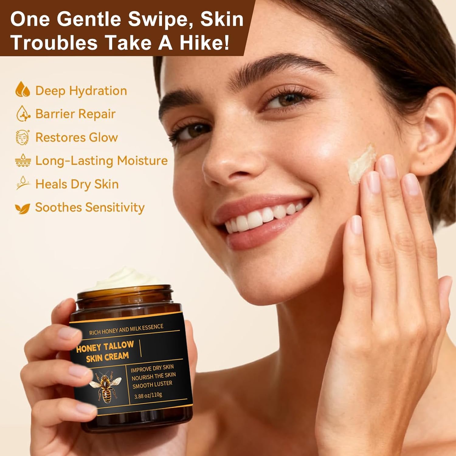 Beef Tallow Honey Balm for Skin & Face, Whipped Beef Tallow Face Moisturizer with Honey, Grass Fed Beef Tallow Cream, All Natural Pure Body Lotion for Women & Men Dry Sensitive Skin, 3.88 OZ - Image 3