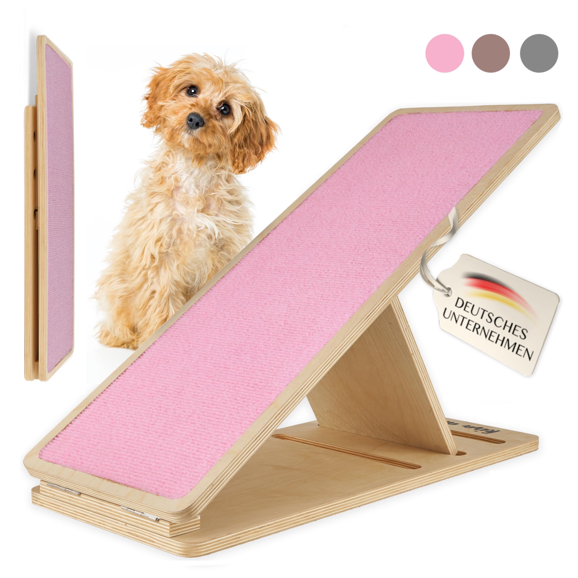 Ruby - Rampa per cani in legno massiccio, regolabile in altezza, pieghevole e antiscivolo, rampa in legno per cani di piccola taglia, 30-50 cm (rosa, M)