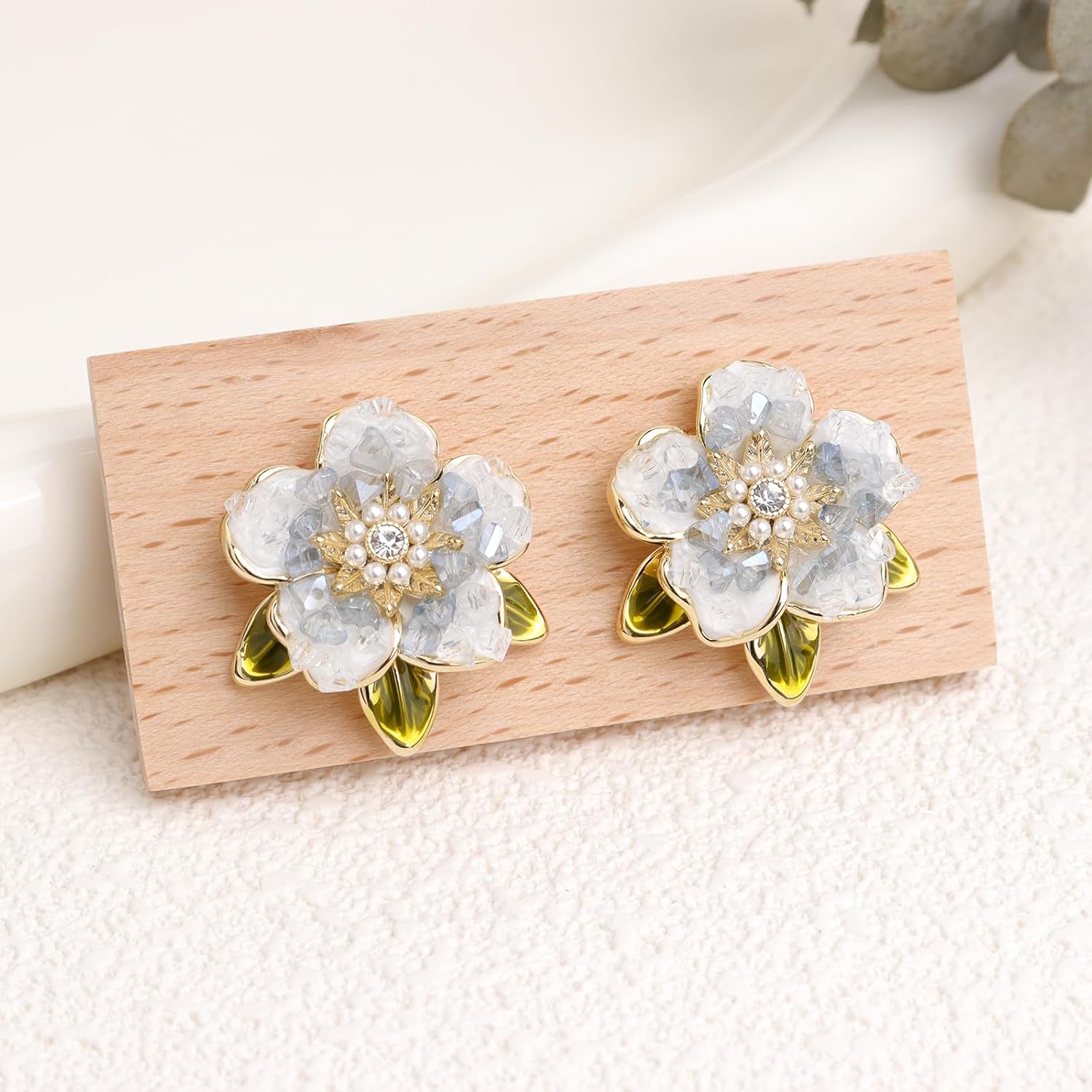 Jean Beau Chunky Crystal Flower Leaf Stud Earrings for Women, Gold Plated Elegant Floral Pearl Accent stones Earring Trendy Prom Wedding Accessories Jewelry Gift - Image 5