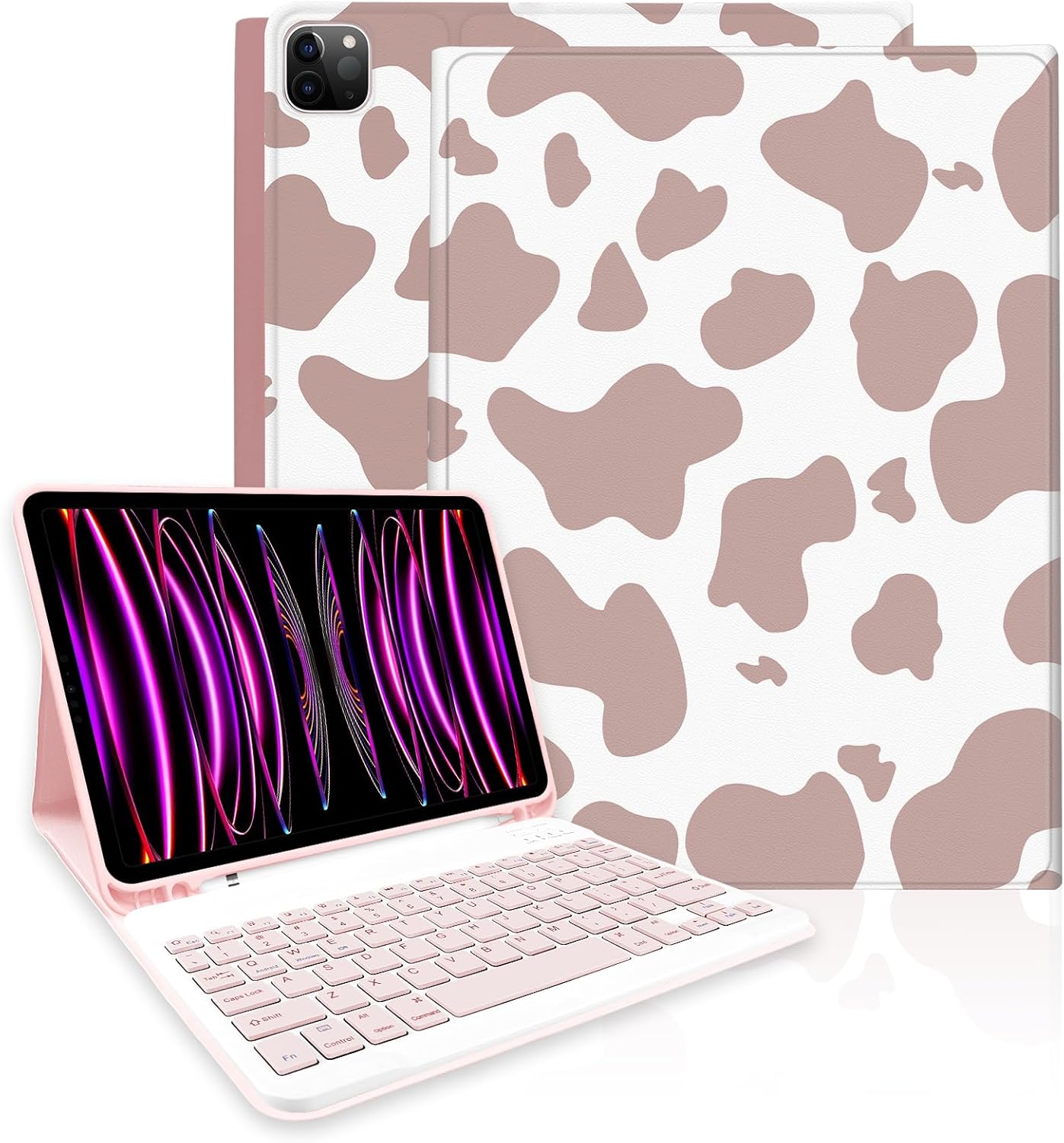 TopPerfekt Keyboard Case for iPad Air 13-inch (M3 2025 / M2 2024)/ Pro 12.9'' (6th/5th/4th/3rd Generation 2022/2021/2020/2018),Detachable,Rechargeable,with Pencil Holde - Brown Pink Cow